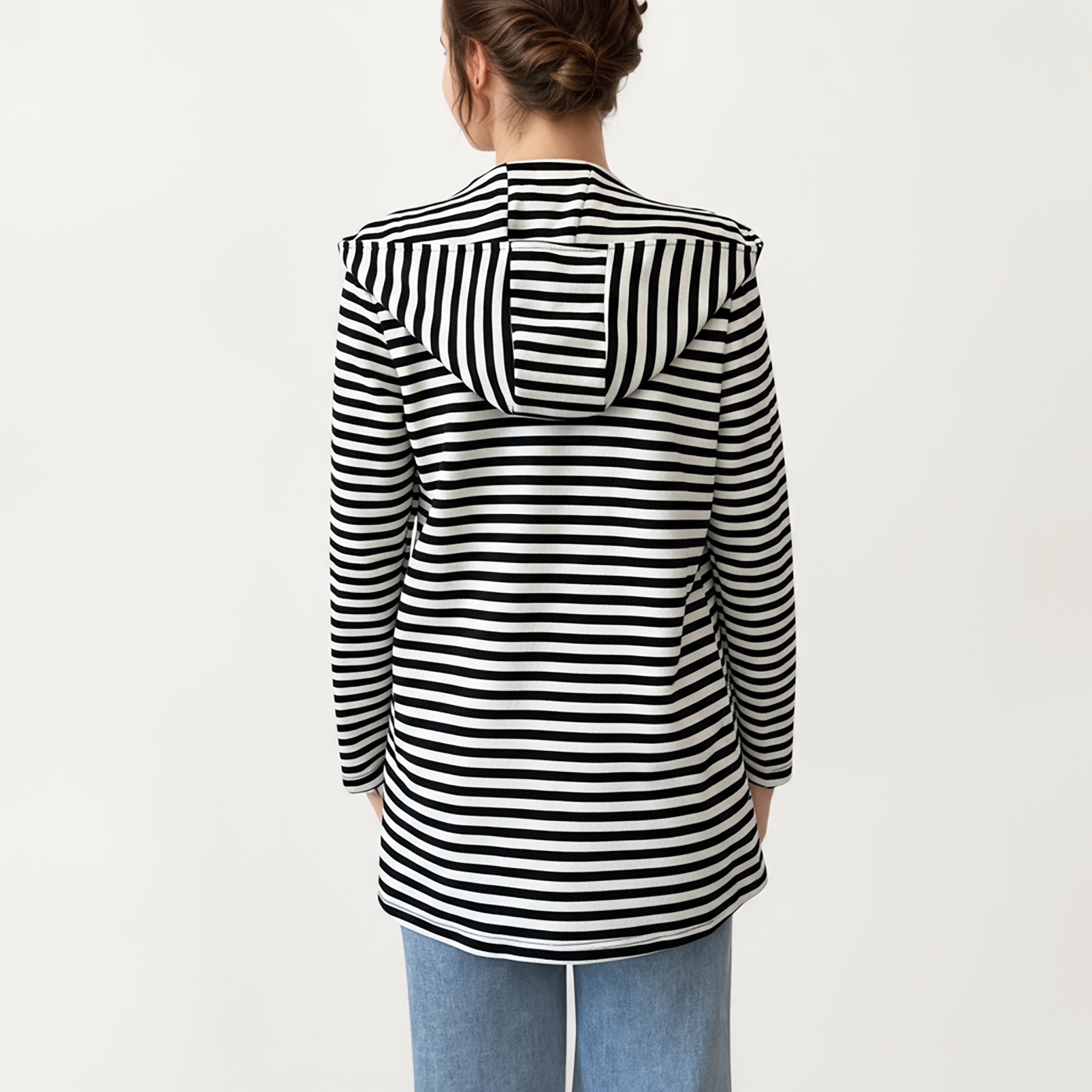 Anna-Kaci Women¡¯s Striped Long Sleeve Hooded Jacket with Front Patch Pockets and Clean Open Front Structured Silhouette