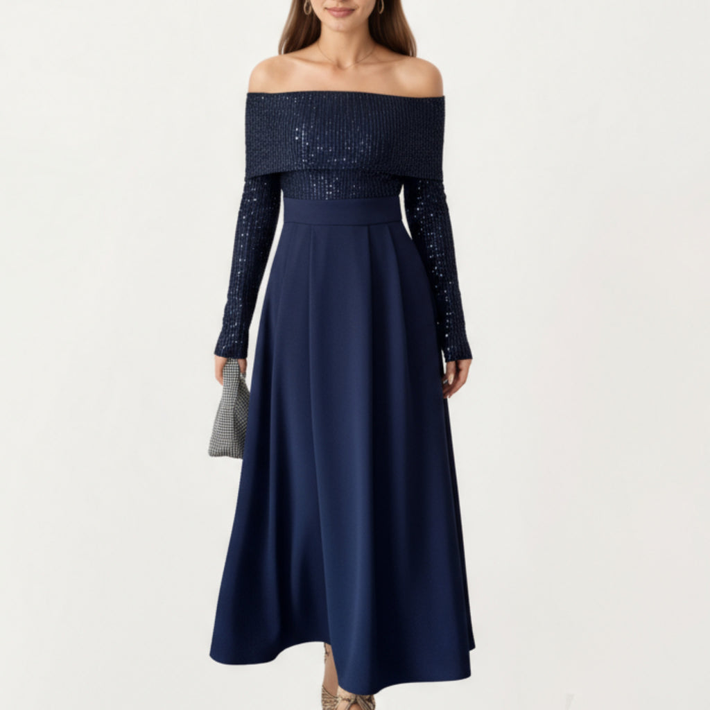 Anna-Kaci Women¡¯s Off-Shoulder Sequin Long Sleeve Maxi Dress with Structured Waistband and Flowing A-Line Dress
