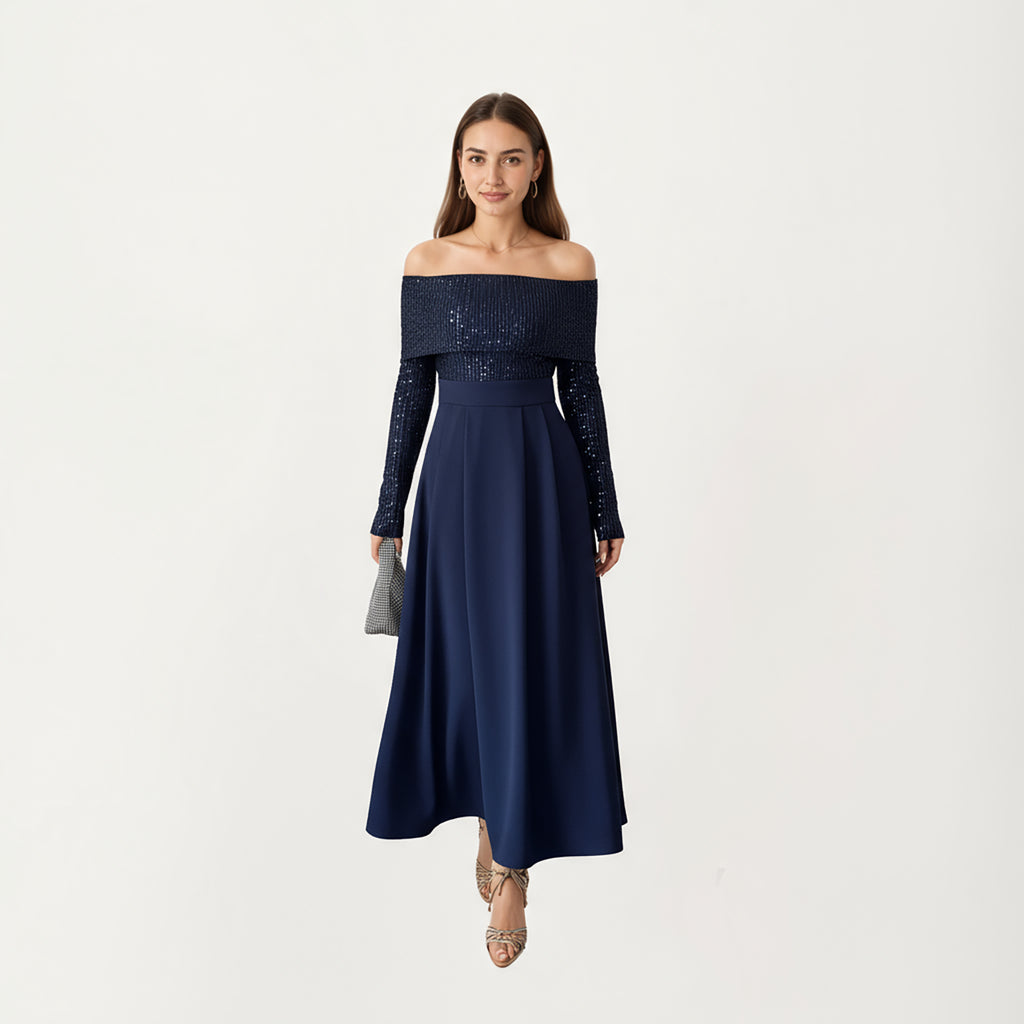 Anna-Kaci Women¡¯s Off-Shoulder Sequin Long Sleeve Maxi Dress with Structured Waistband and Flowing A-Line Dress