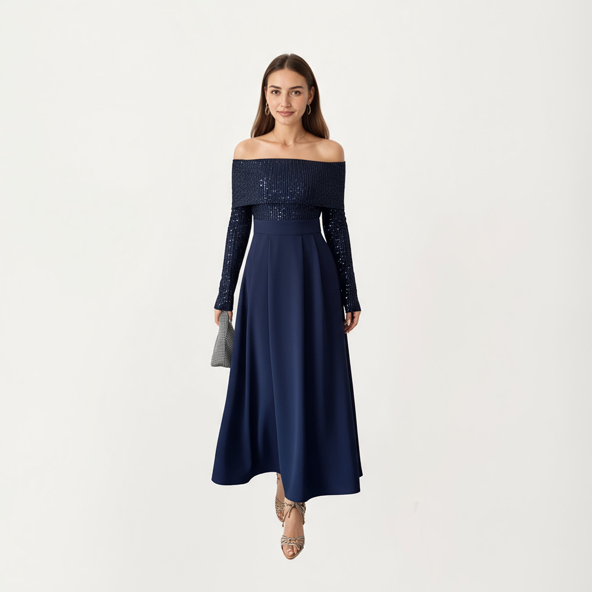 Anna-Kaci Women¡¯s Off-Shoulder Sequin Long Sleeve Maxi Dress with Structured Waistband and Flowing A-Line Dress