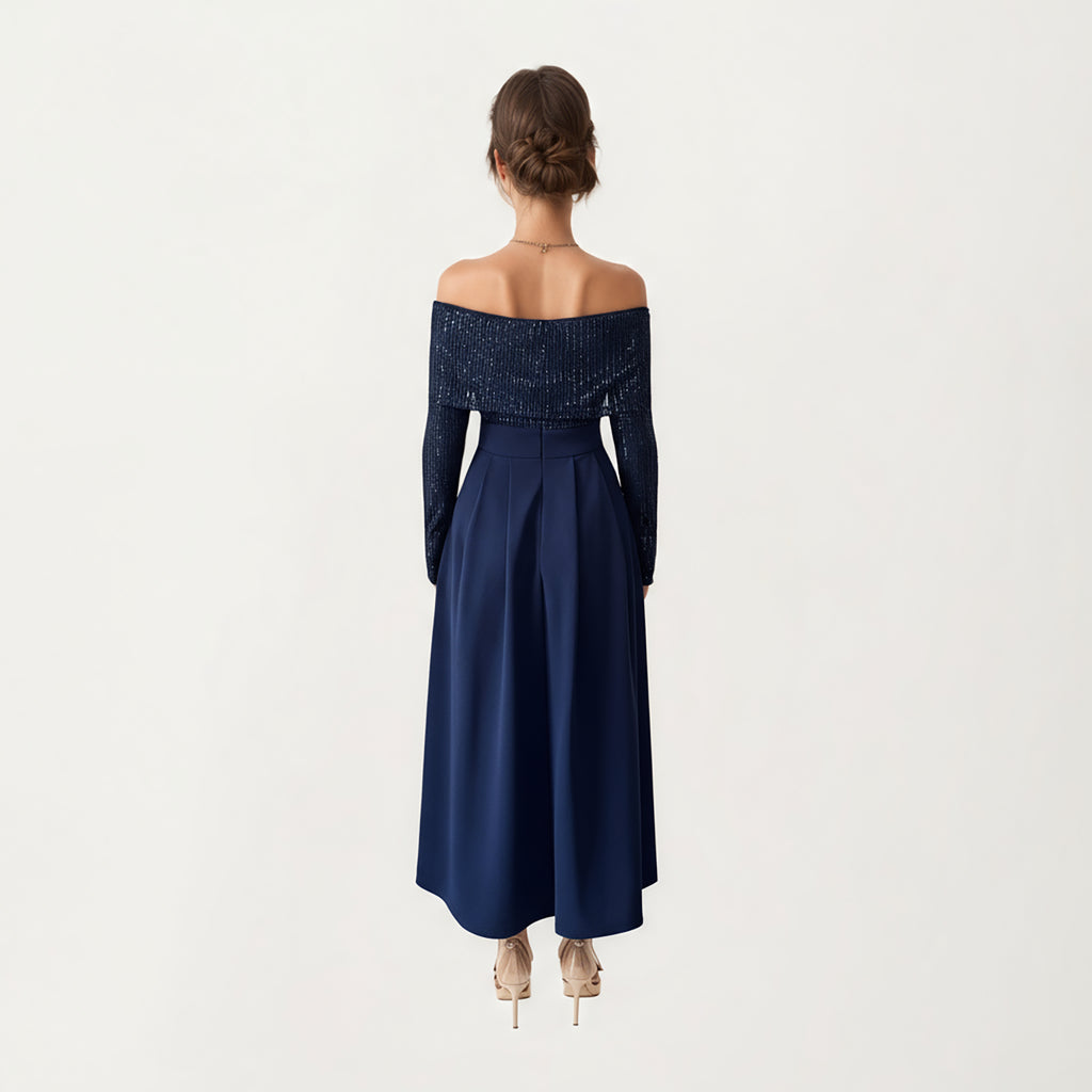 Anna-Kaci Women¡¯s Off-Shoulder Sequin Long Sleeve Maxi Dress with Structured Waistband and Flowing A-Line Dress