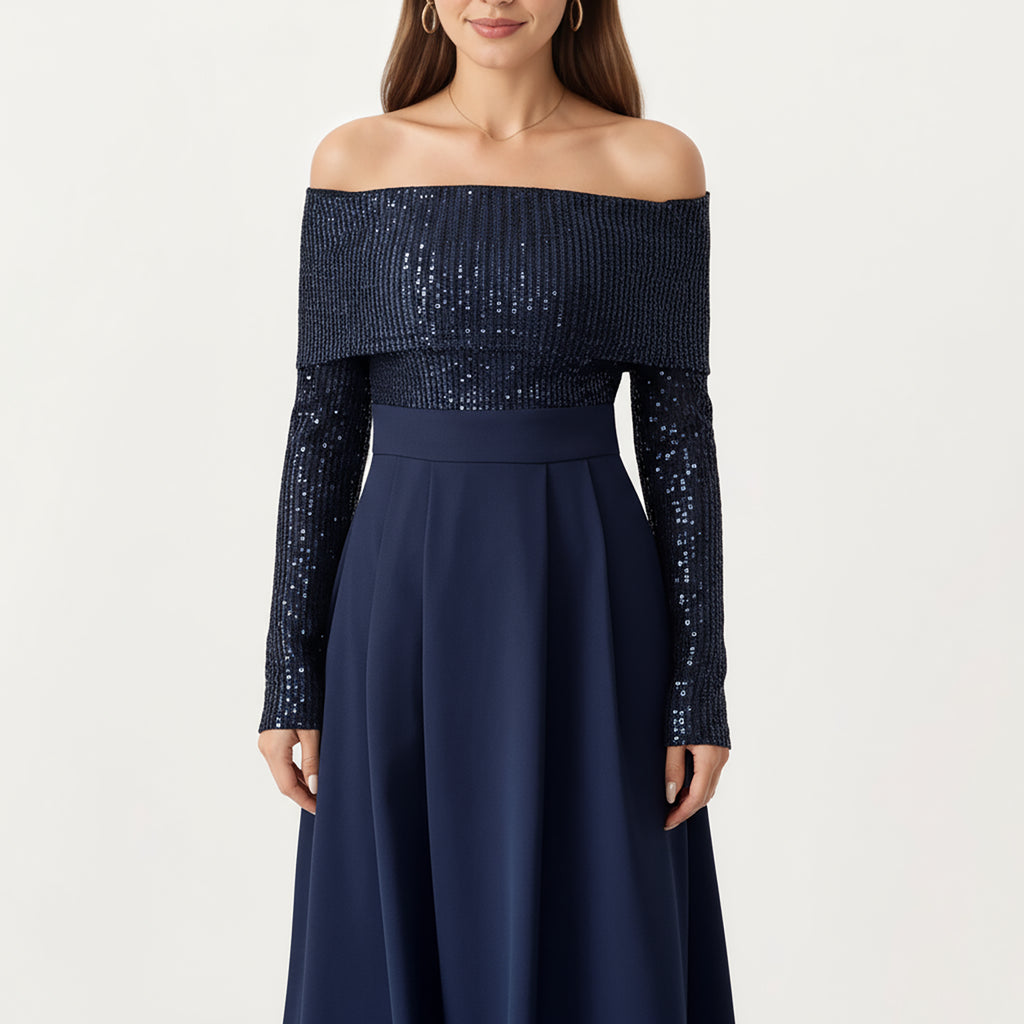 Anna-Kaci Women¡¯s Off-Shoulder Sequin Long Sleeve Maxi Dress with Structured Waistband and Flowing A-Line Dress