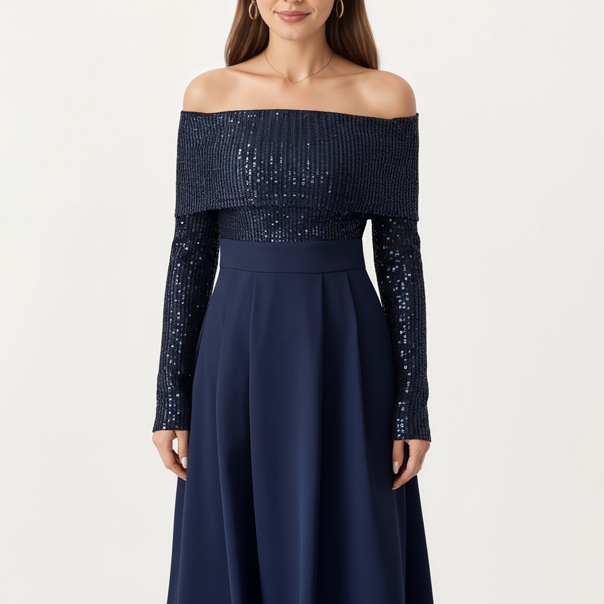 Anna-Kaci Women¡¯s Off-Shoulder Sequin Long Sleeve Maxi Dress with Structured Waistband and Flowing A-Line Dress