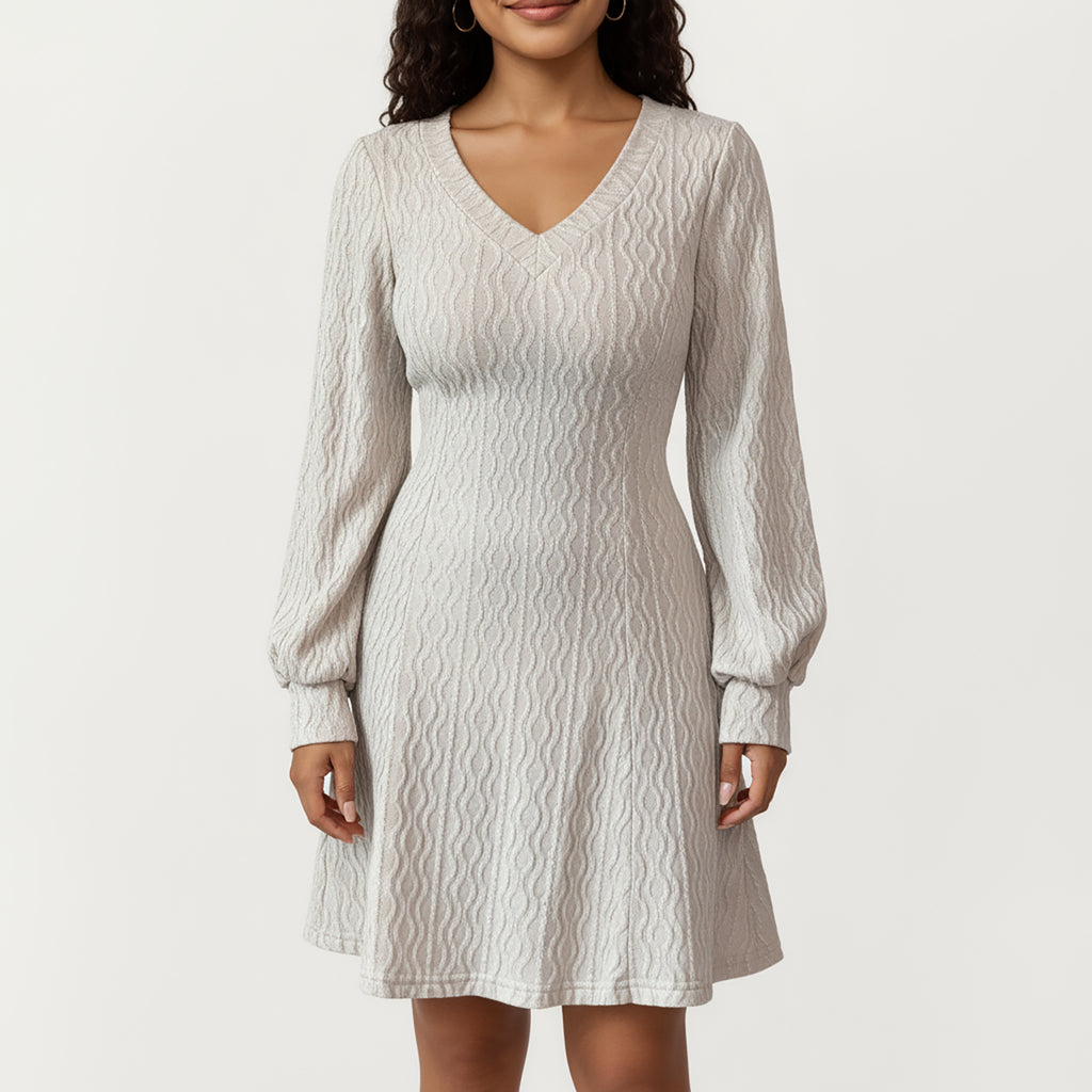 Anna-Kaci Women¡¯s Textured Knit Long Sleeve V-Neck Fit-and-Flare Mini Dress with Soft Rib Detailing and Gentle Drape