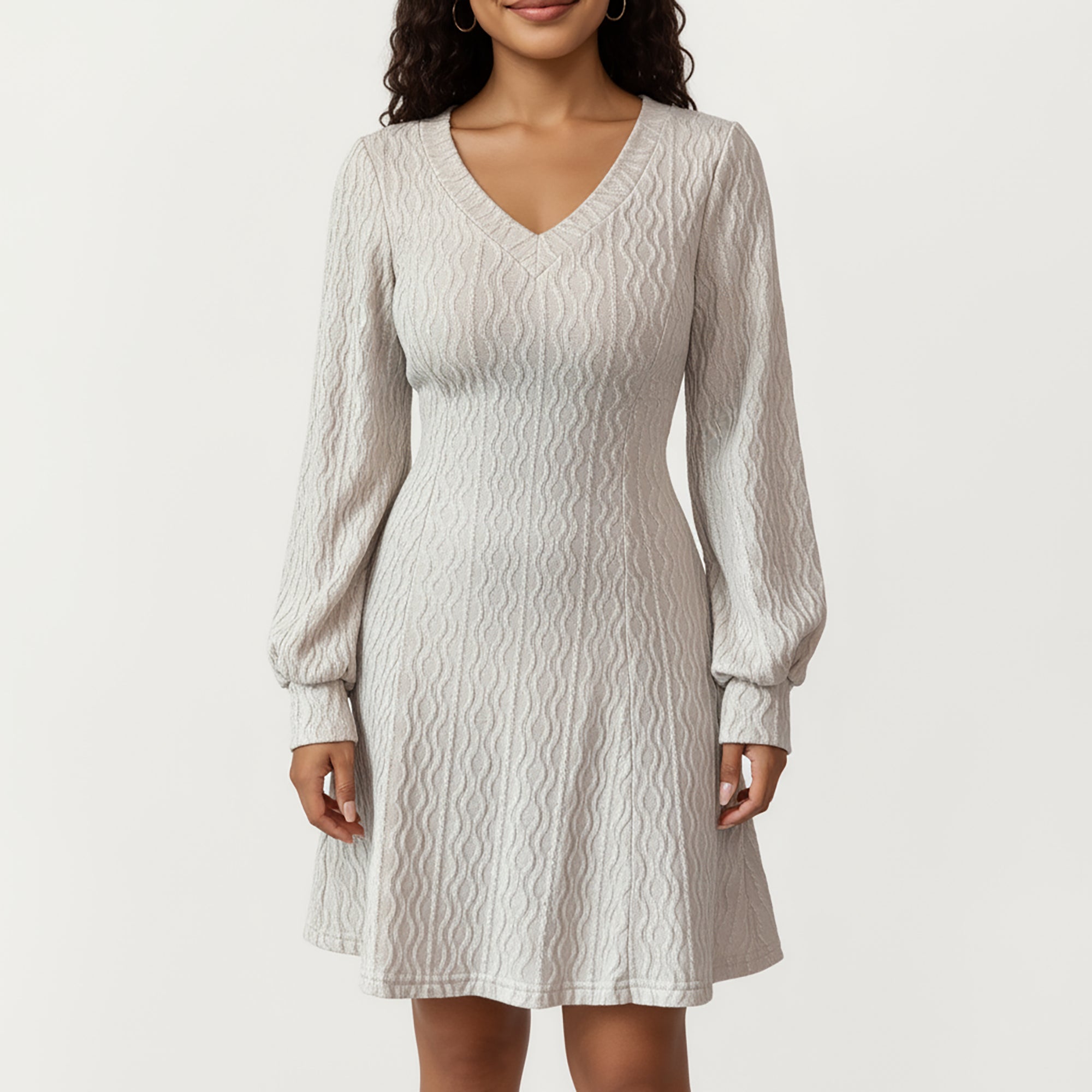 Anna-Kaci Women¡¯s Textured Knit Long Sleeve V-Neck Fit-and-Flare Mini Dress with Soft Rib Detailing and Gentle Drape
