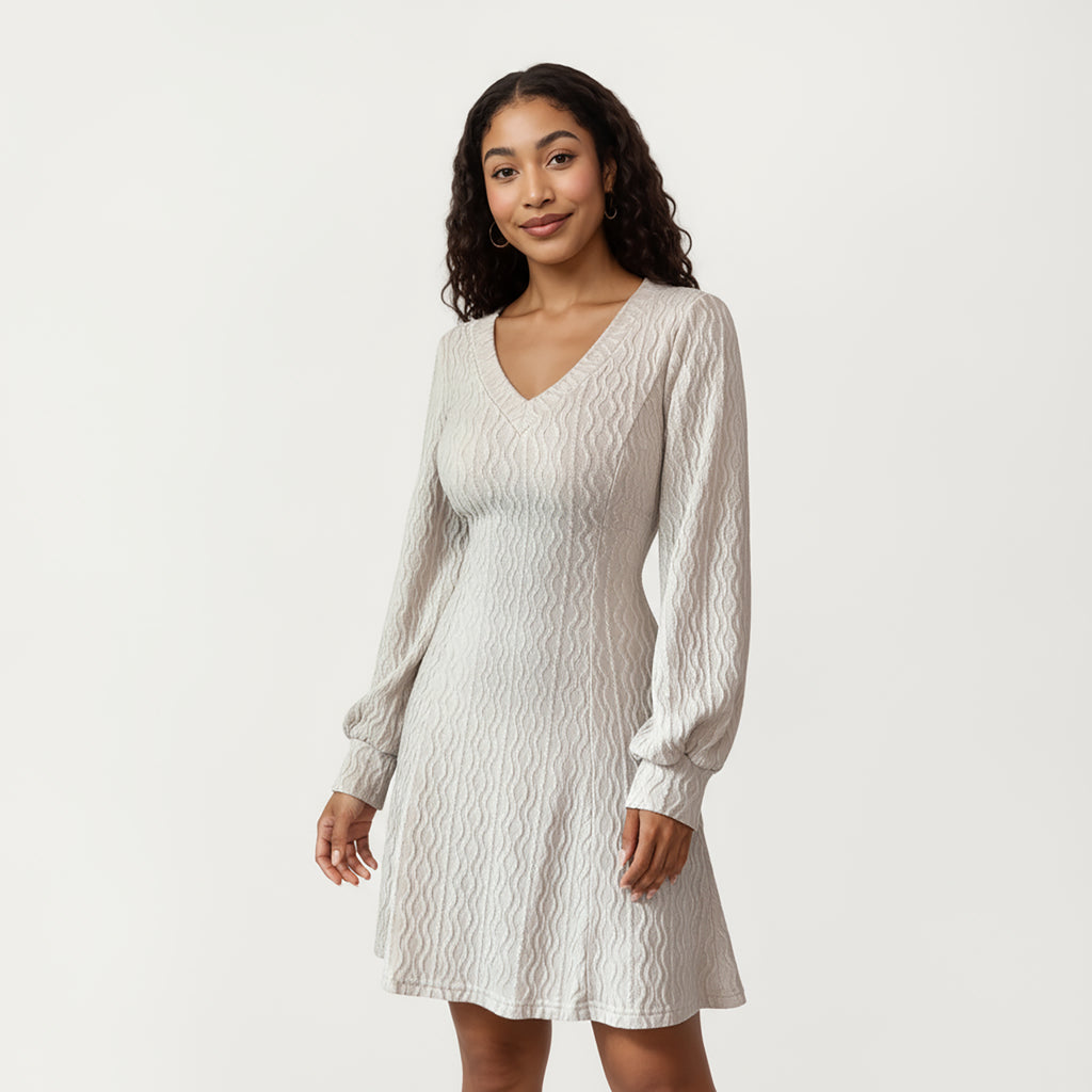 Anna-Kaci Women¡¯s Textured Knit Long Sleeve V-Neck Fit-and-Flare Mini Dress with Soft Rib Detailing and Gentle Drape