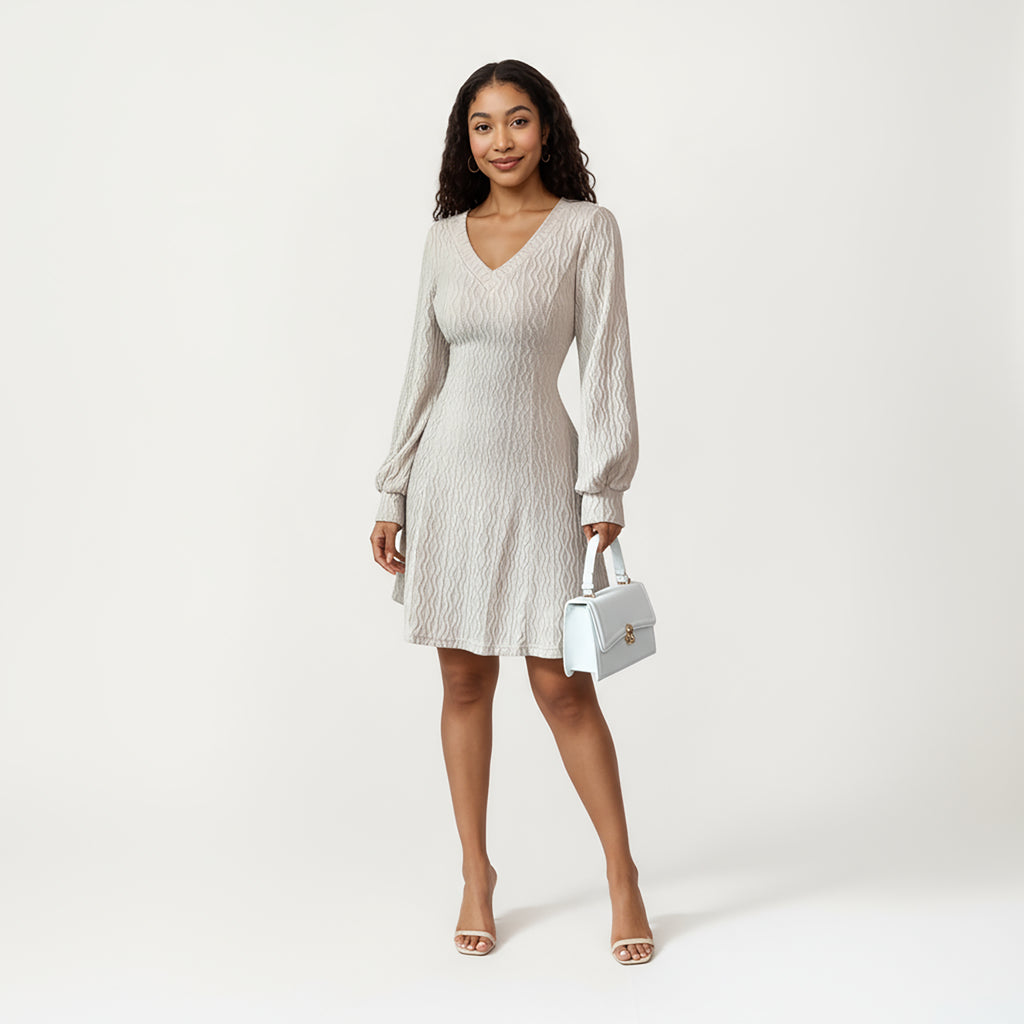Anna-Kaci Women¡¯s Textured Knit Long Sleeve V-Neck Fit-and-Flare Mini Dress with Soft Rib Detailing and Gentle Drape