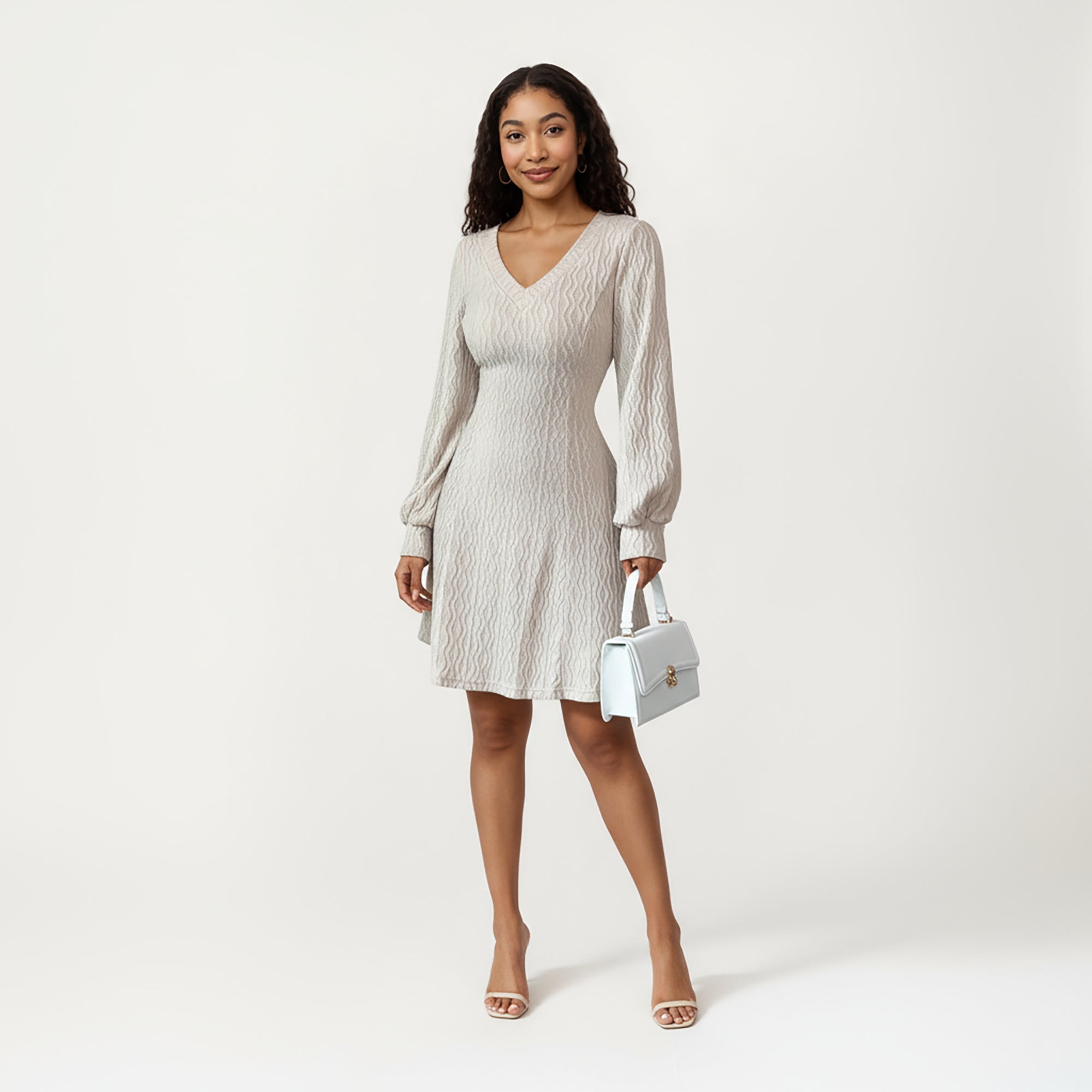Anna-Kaci Women¡¯s Textured Knit Long Sleeve V-Neck Fit-and-Flare Mini Dress with Soft Rib Detailing and Gentle Drape