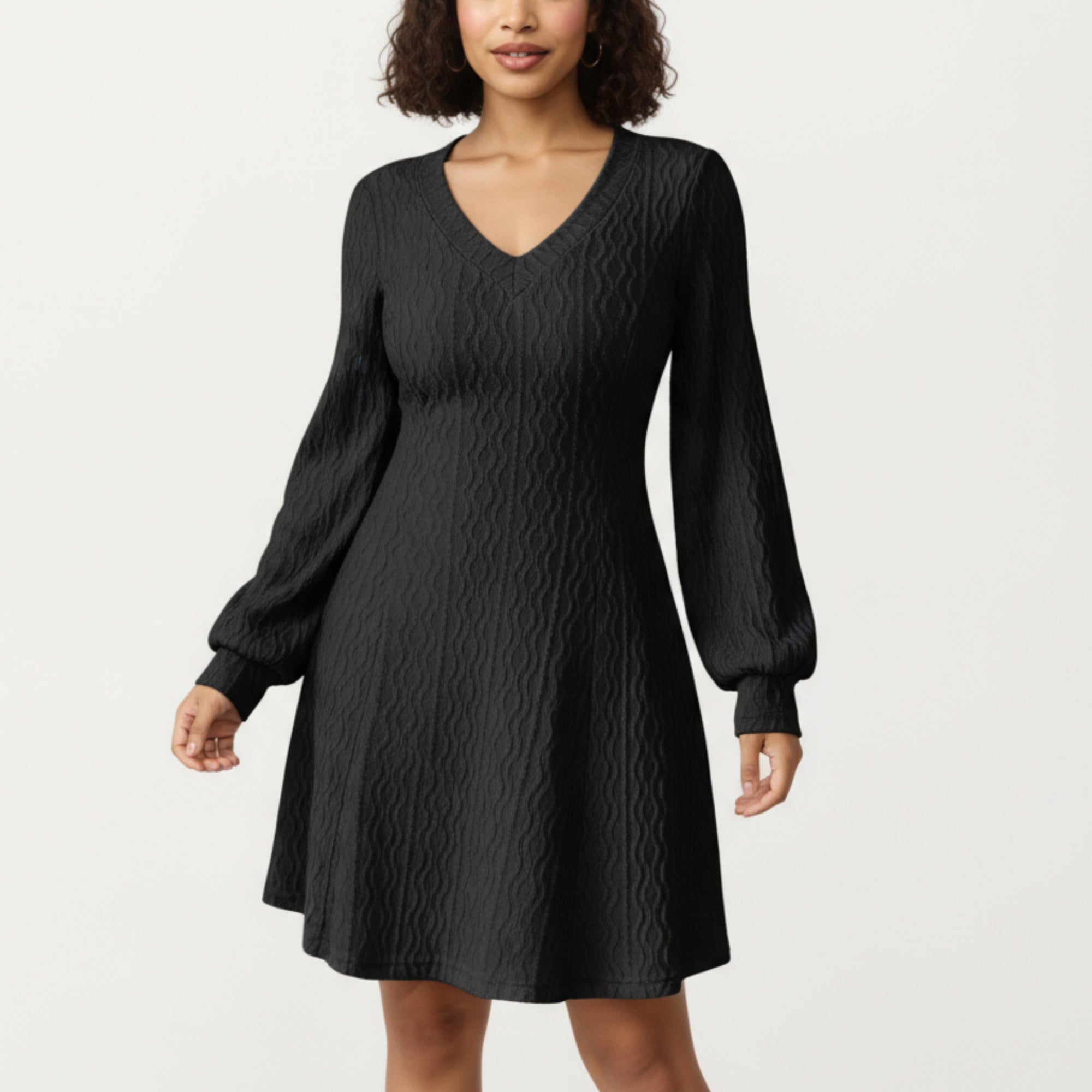 Anna-Kaci Women¡¯s Textured Knit Long Sleeve V-Neck Fit-and-Flare Mini Dress with Soft Rib Detailing and Gentle Drape
