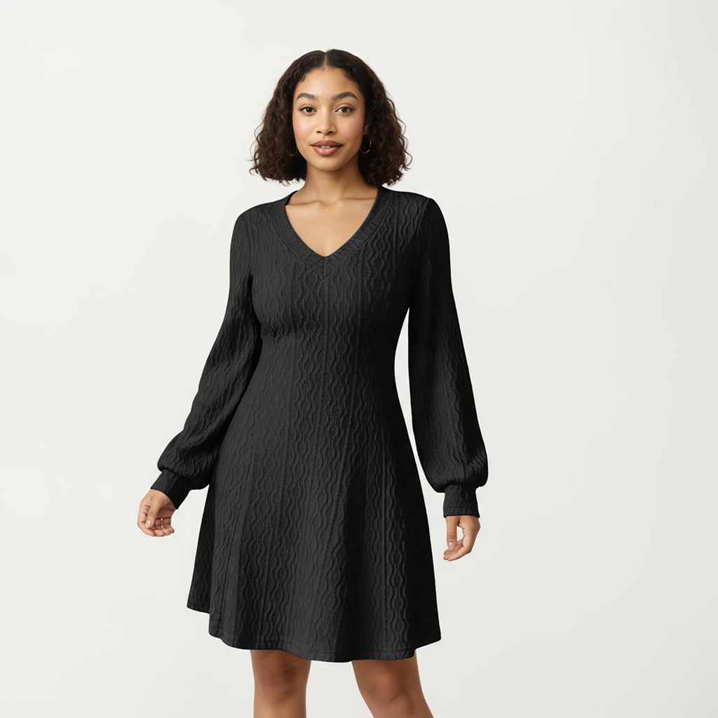 Anna-Kaci Women¡¯s Textured Knit Long Sleeve V-Neck Fit-and-Flare Mini Dress with Soft Rib Detailing and Gentle Drape