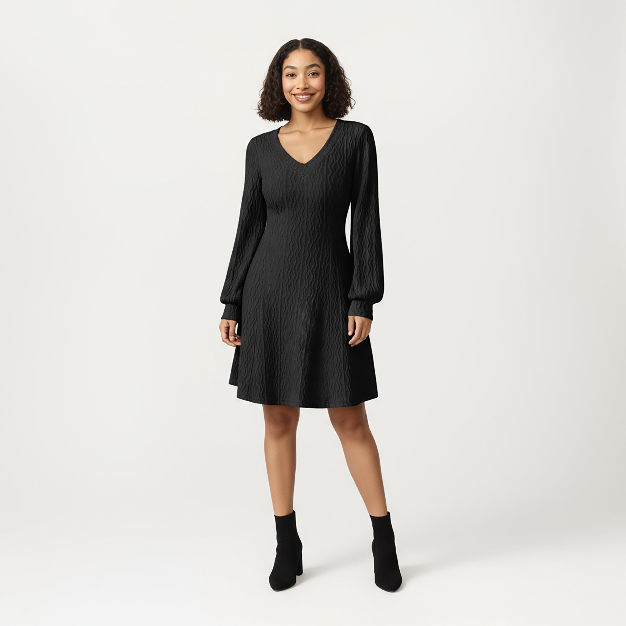 Anna-Kaci Women¡¯s Textured Knit Long Sleeve V-Neck Fit-and-Flare Mini Dress with Soft Rib Detailing and Gentle Drape