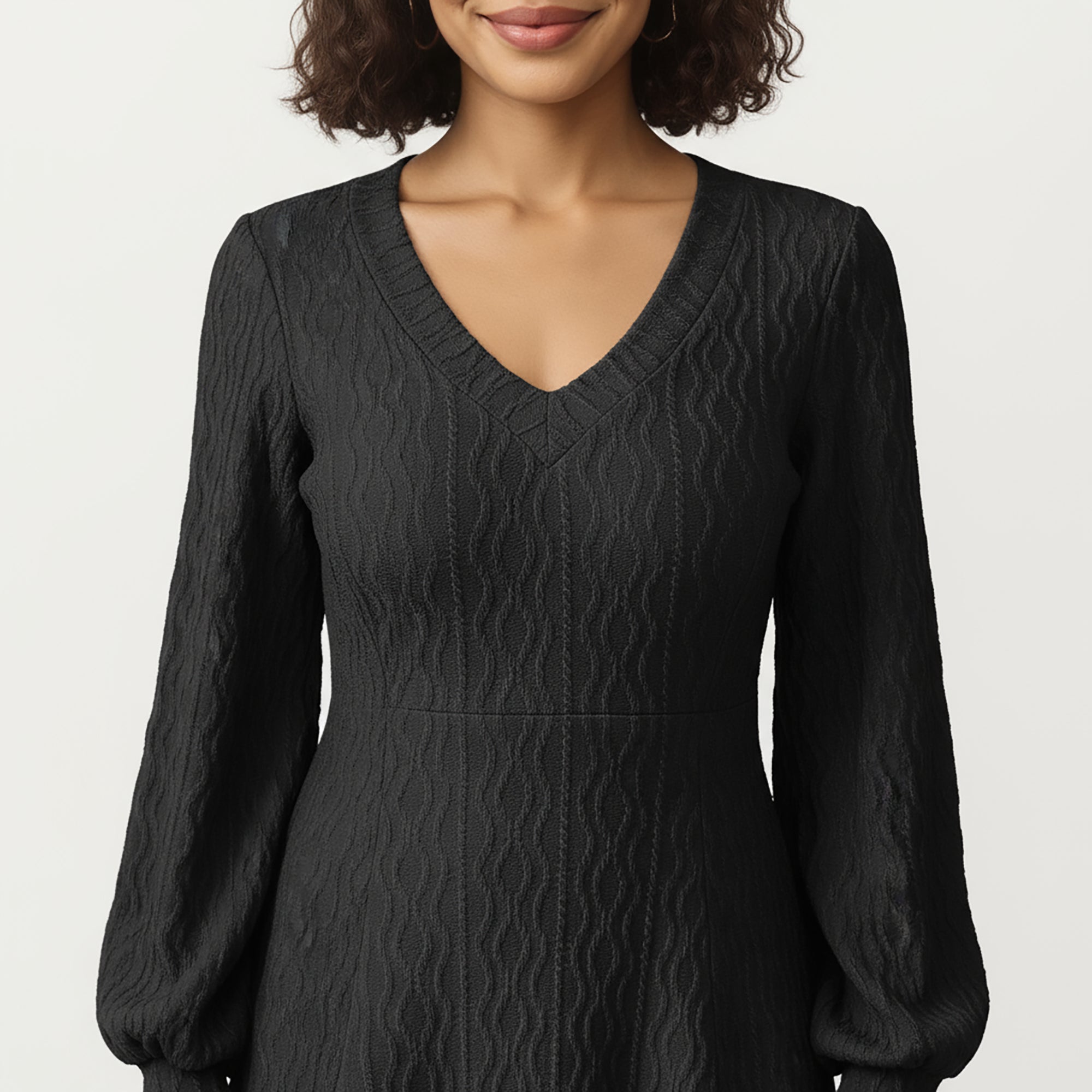 Anna-Kaci Women¡¯s Textured Knit Long Sleeve V-Neck Fit-and-Flare Mini Dress with Soft Rib Detailing and Gentle Drape