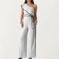 Anna-Kaci Women¡¯s One-Shoulder Wide Leg Jumpsuit with Textured Fabric, Contrast Trim Edges and Adjustable Wrapped Tie