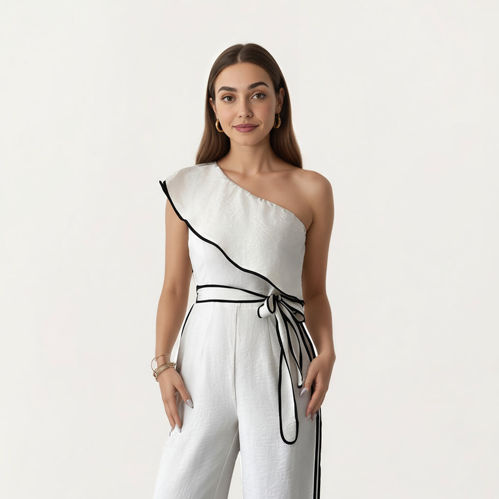 Anna-Kaci Women¡¯s One-Shoulder Wide Leg Jumpsuit with Textured Fabric, Contrast Trim Edges and Adjustable Wrapped Tie