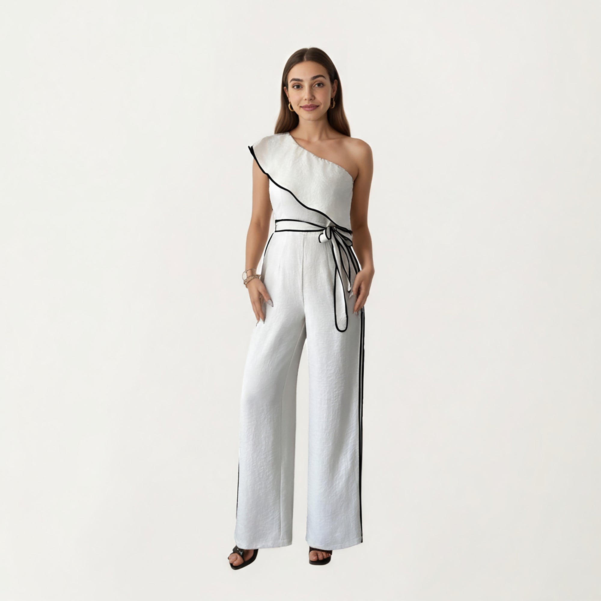 Anna-Kaci Women¡¯s One-Shoulder Wide Leg Jumpsuit with Textured Fabric, Contrast Trim Edges and Adjustable Wrapped Tie