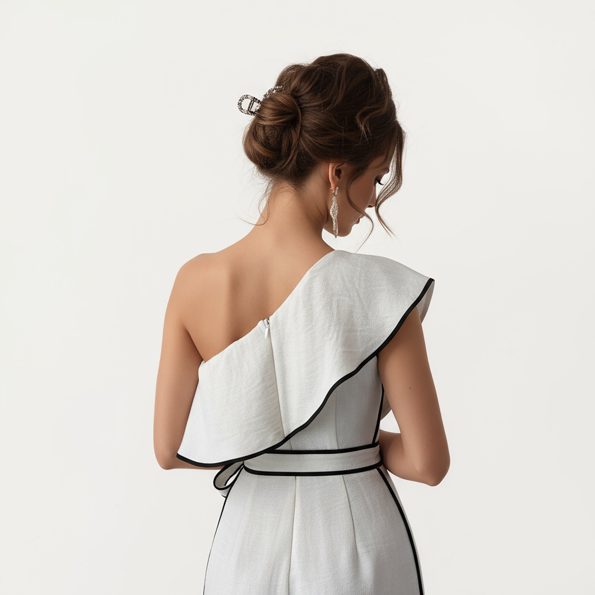 Anna-Kaci Women¡¯s One-Shoulder Wide Leg Jumpsuit with Textured Fabric, Contrast Trim Edges and Adjustable Wrapped Tie