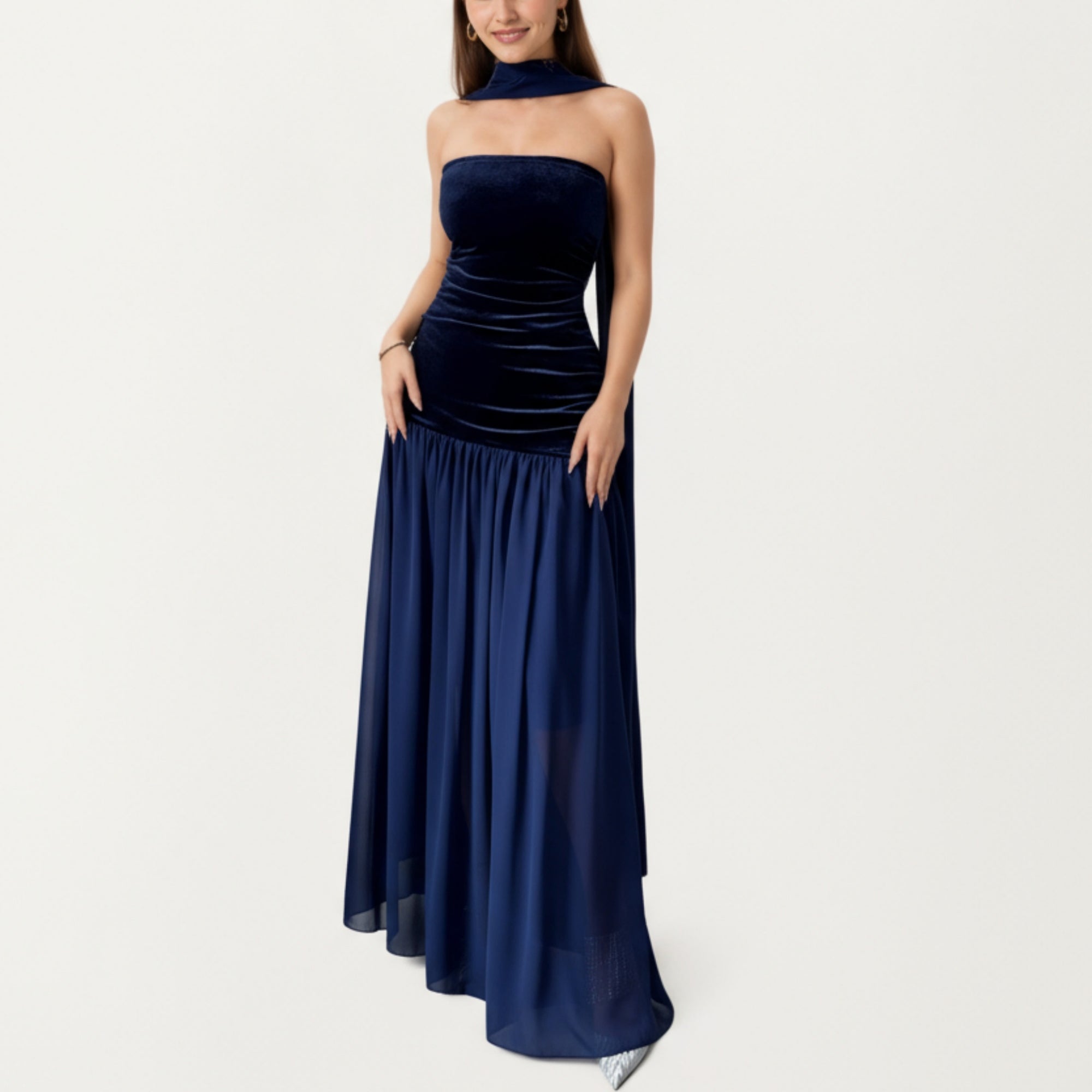 Anna-Kaci Women¡¯s Strapless Velvet Maxi Dress with Ruched Bodice, Sheer Flowing Dress Panel and Matching Neck Scarf