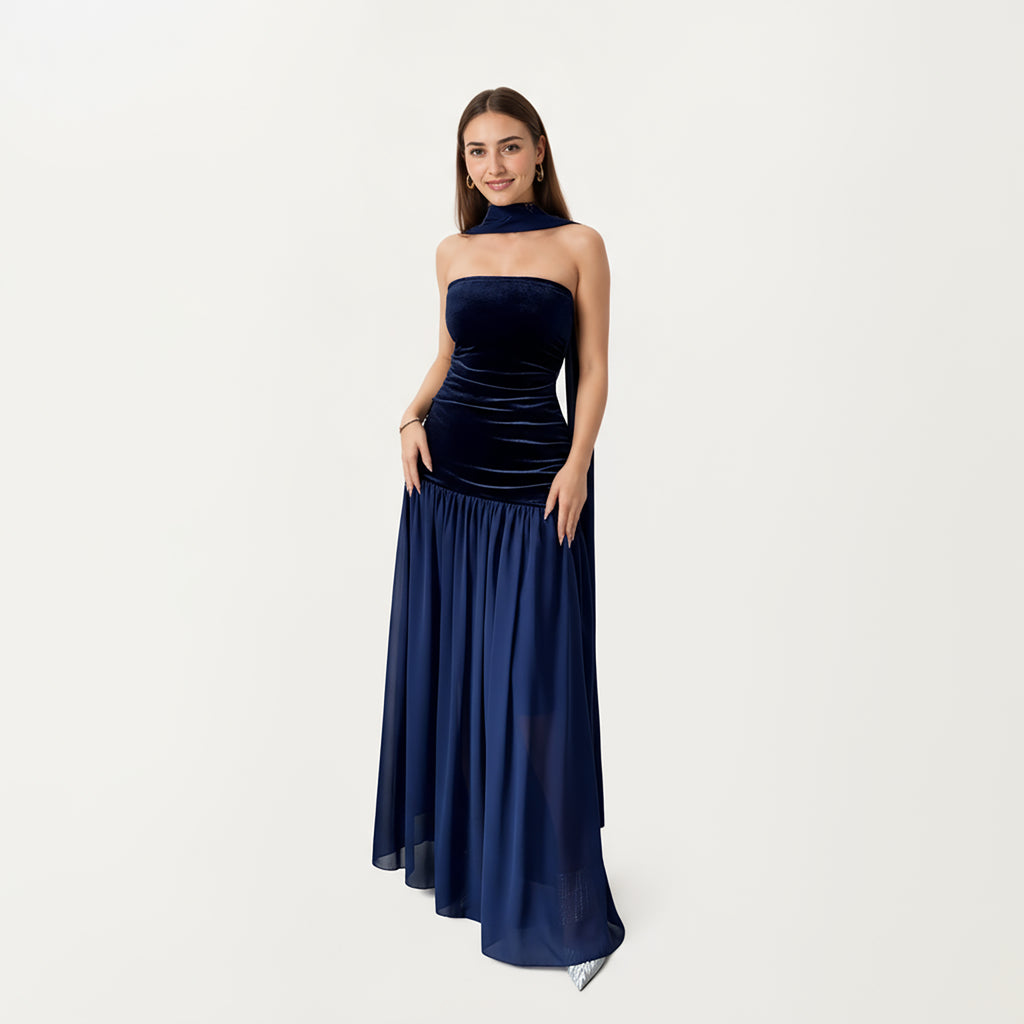 Anna-Kaci Women¡¯s Strapless Velvet Maxi Dress with Ruched Bodice, Sheer Flowing Dress Panel and Matching Neck Scarf