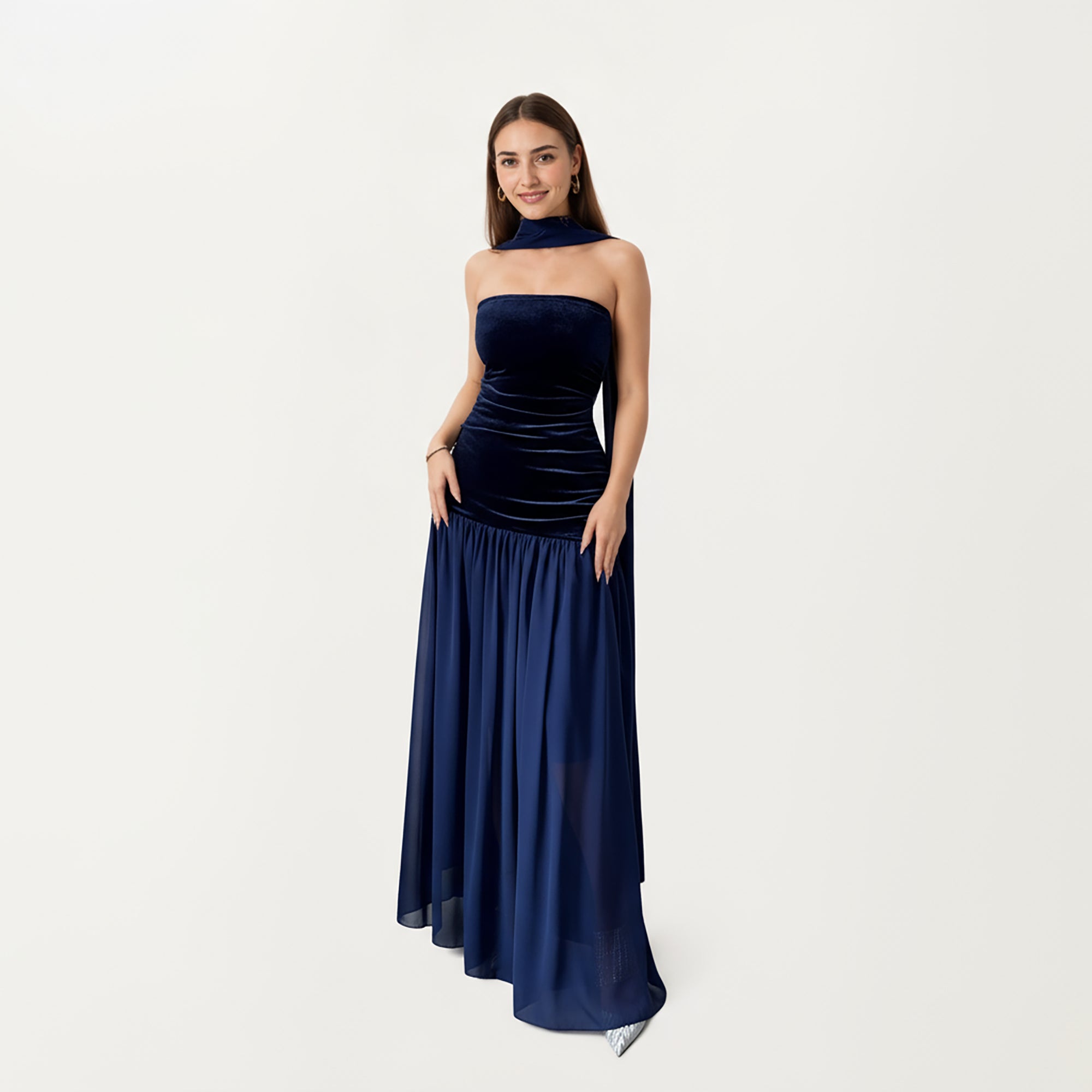 Anna-Kaci Women¡¯s Strapless Velvet Maxi Dress with Ruched Bodice, Sheer Flowing Dress Panel and Matching Neck Scarf