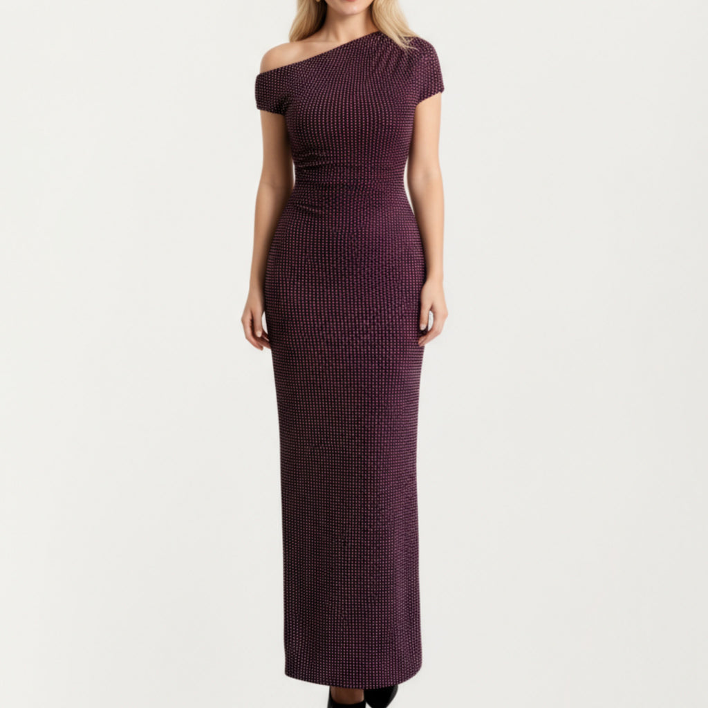 Anna-Kaci Women¡¯s One-Shoulder Fitted Maxi Dress with Textured Stretch Knit Fabric and Sleek Contoured Silhouette