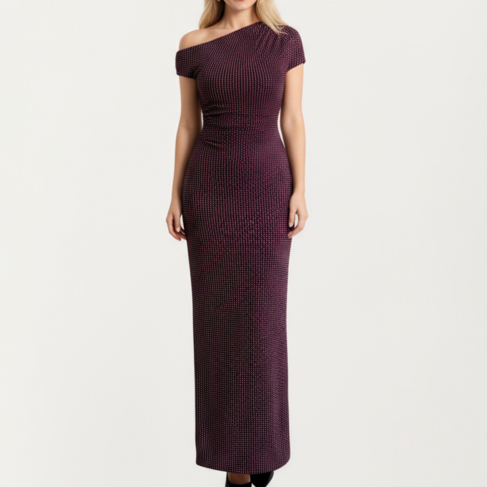 Anna-Kaci Women¡¯s One-Shoulder Fitted Maxi Dress with Textured Stretch Knit Fabric and Sleek Contoured Silhouette