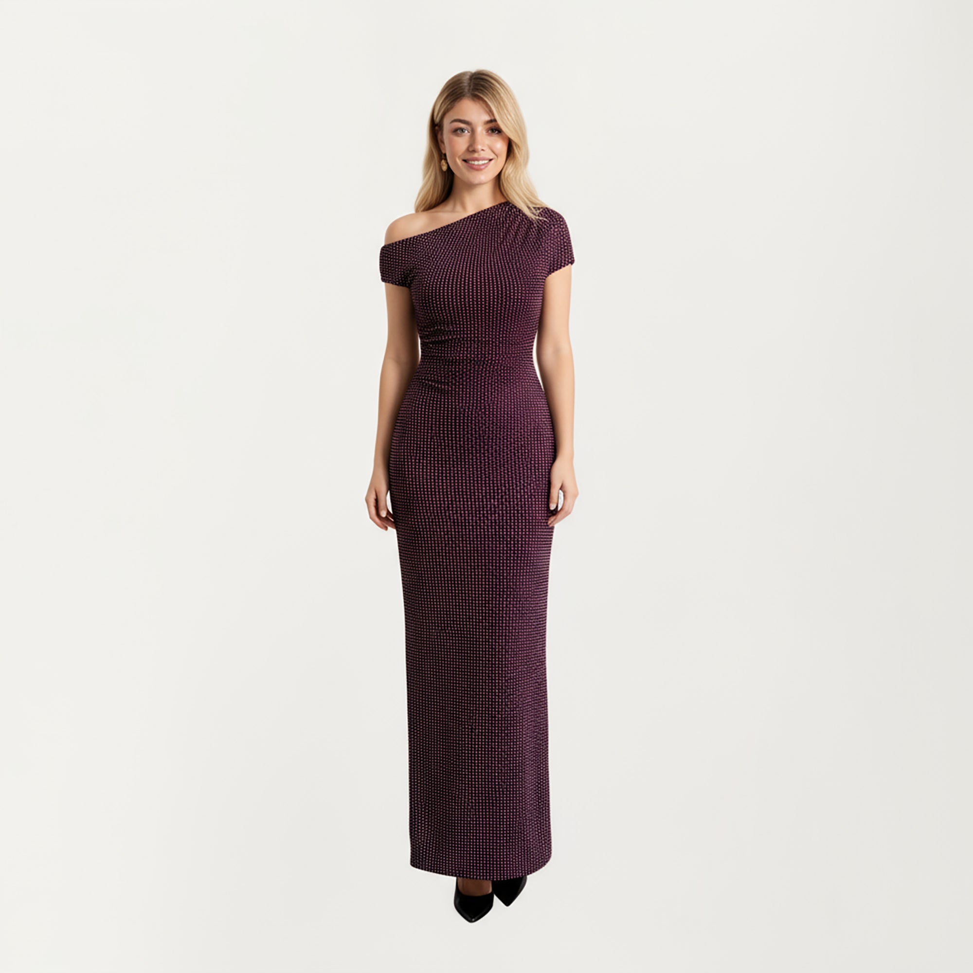 Anna-Kaci Women¡¯s One-Shoulder Fitted Maxi Dress with Textured Stretch Knit Fabric and Sleek Contoured Silhouette