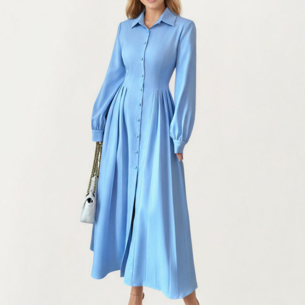 Anna-Kaci Women¡¯s Long Sleeve Button Front Maxi Dress with Structured Collar, Pleated Dress Paneling and Smooth Fabric Finish