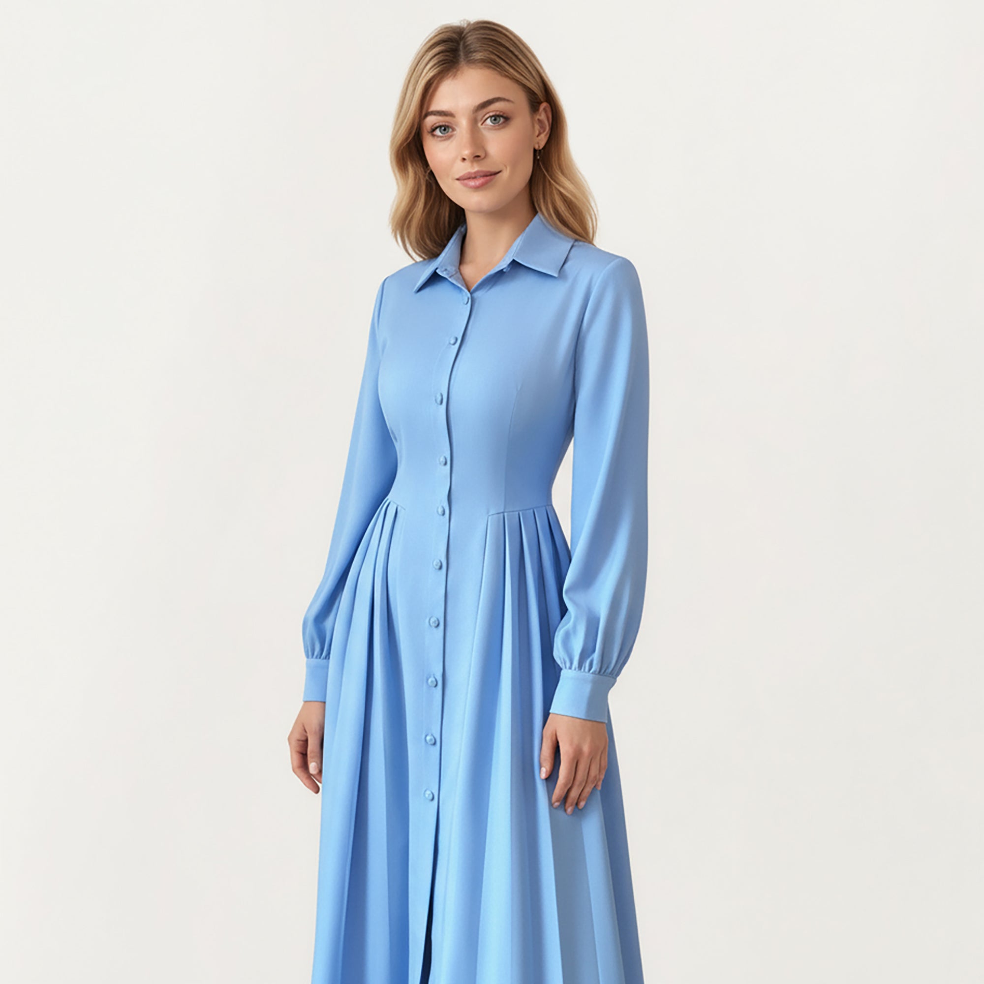Anna-Kaci Women¡¯s Long Sleeve Button Front Maxi Dress with Structured Collar, Pleated Dress Paneling and Smooth Fabric Finish