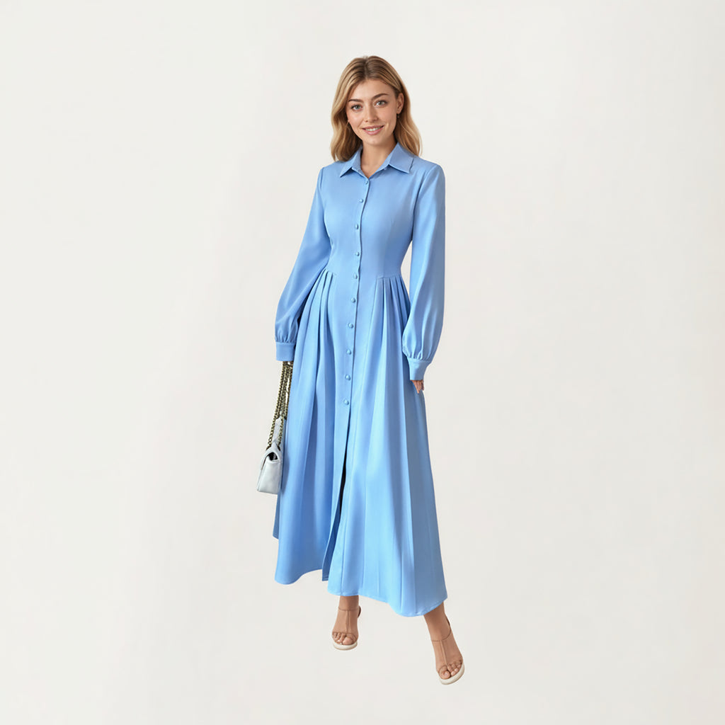 Anna-Kaci Women¡¯s Long Sleeve Button Front Maxi Dress with Structured Collar, Pleated Dress Paneling and Smooth Fabric Finish