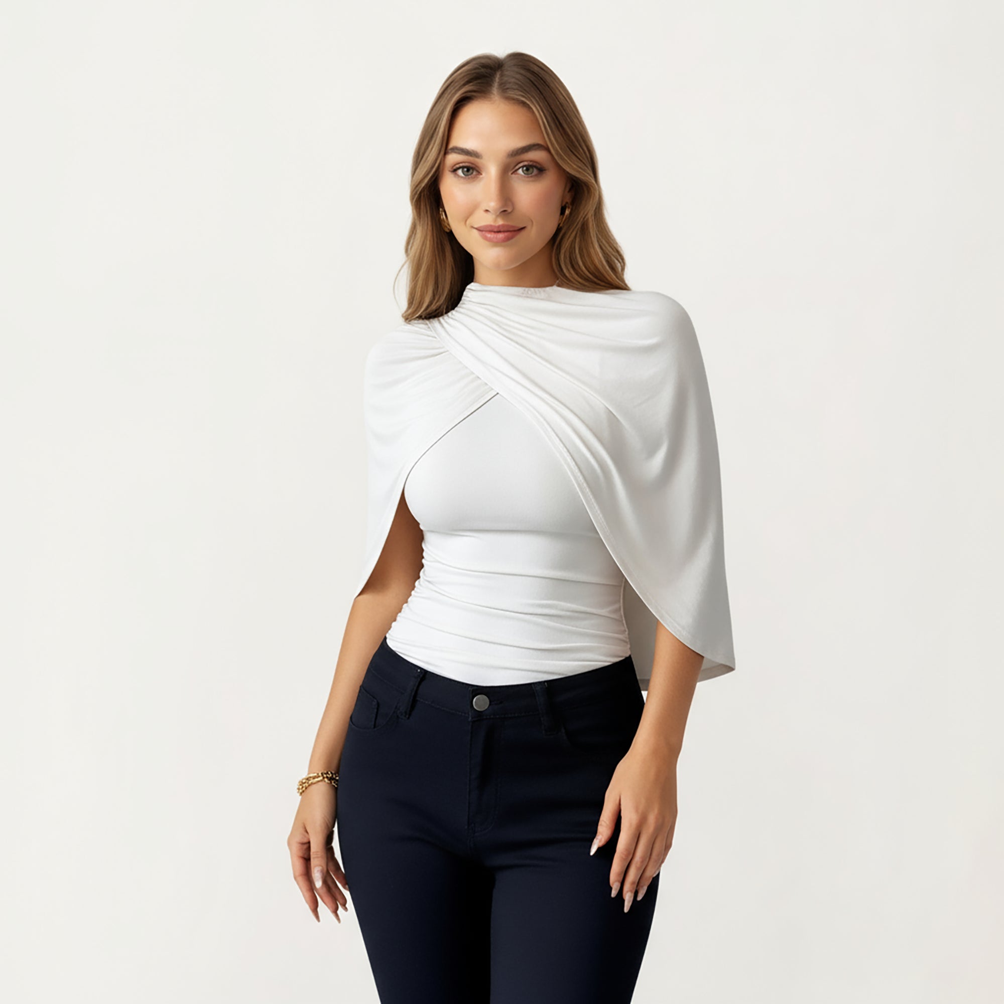 Anna-Kaci Women¡¯s Draped Overlay Top with Gathered Shoulder Detail and Smooth Fitted Bodice Design