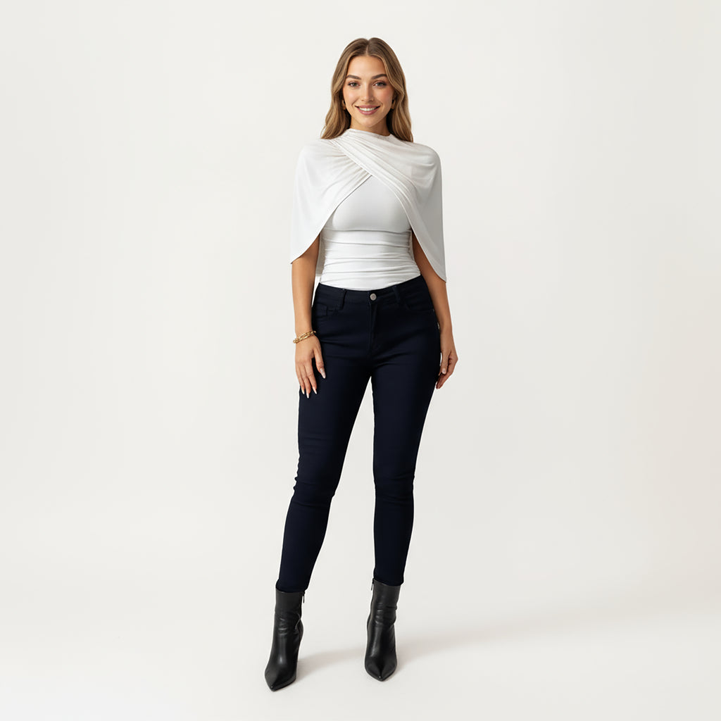 Anna-Kaci Women¡¯s Draped Overlay Top with Gathered Shoulder Detail and Smooth Fitted Bodice Design