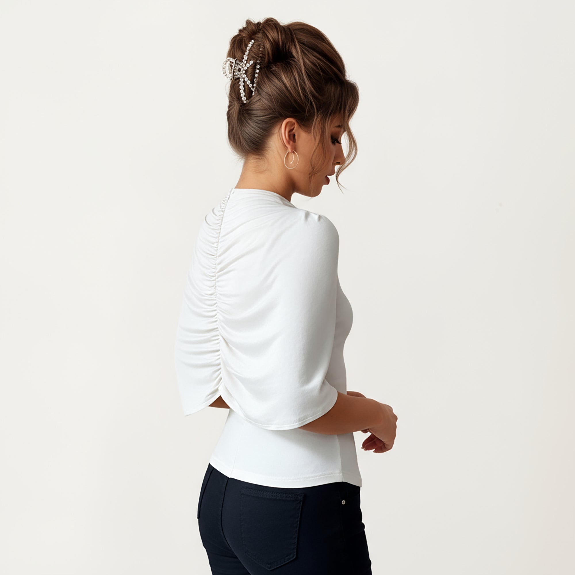 Anna-Kaci Women¡¯s Draped Overlay Top with Gathered Shoulder Detail and Smooth Fitted Bodice Design