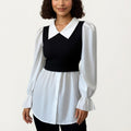 Anna-Kaci Women¡¯s Layered Contrast Blouse with Structured Collar, Fitted Knit Bodice and Flowing Buttoned Hem Design