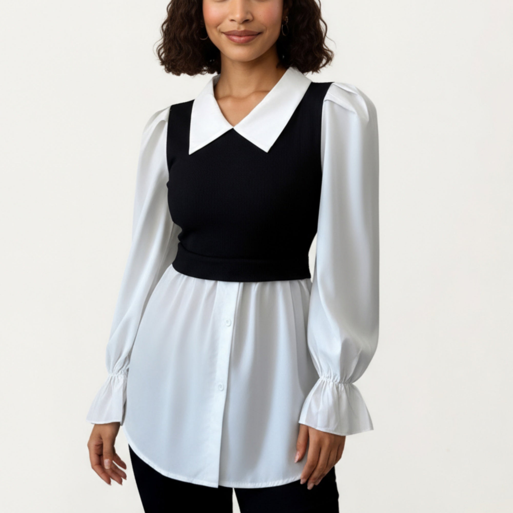 Anna-Kaci Women¡¯s Layered Contrast Blouse with Structured Collar, Fitted Knit Bodice and Flowing Buttoned Hem Design