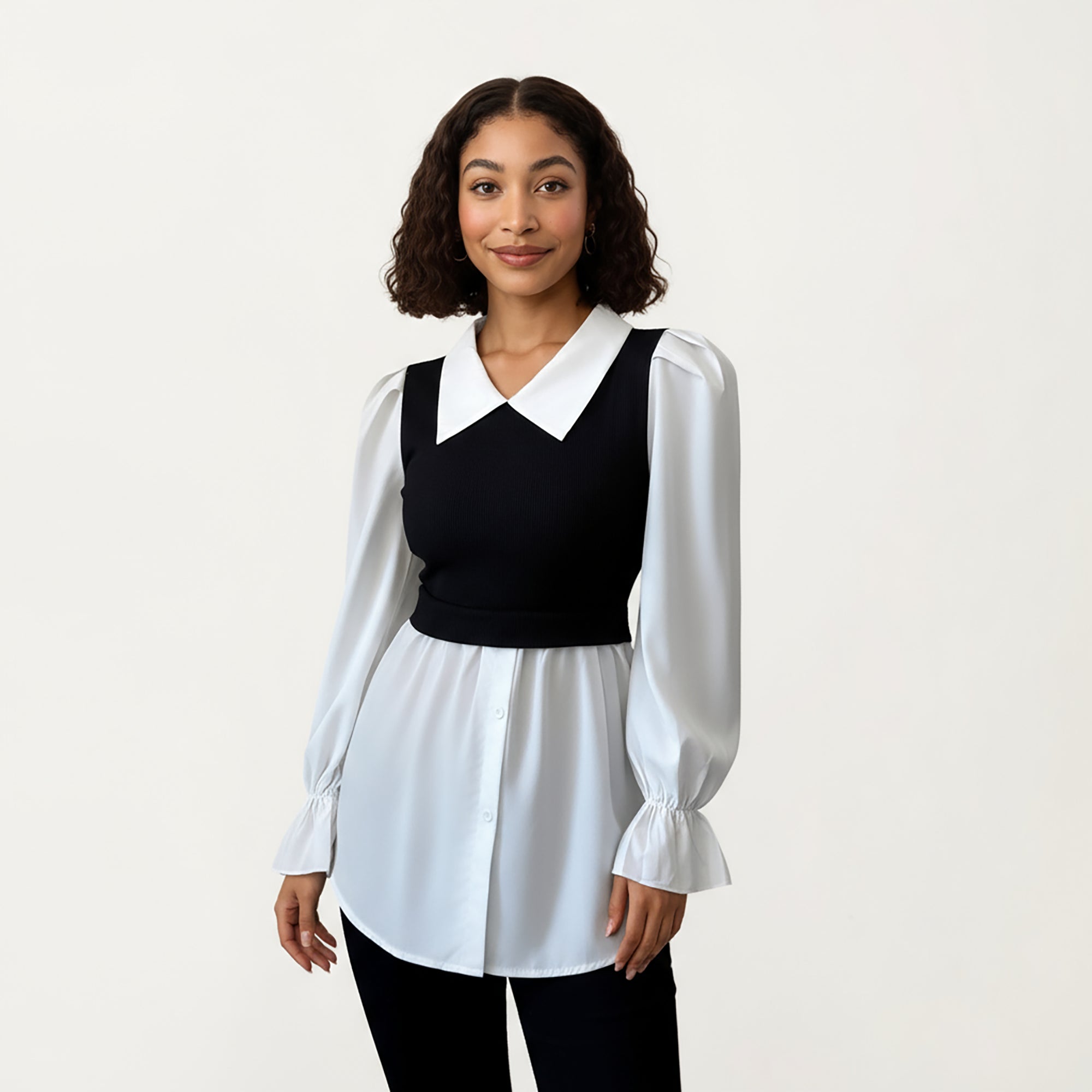 Anna-Kaci Women¡¯s Layered Contrast Blouse with Structured Collar, Fitted Knit Bodice and Flowing Buttoned Hem Design