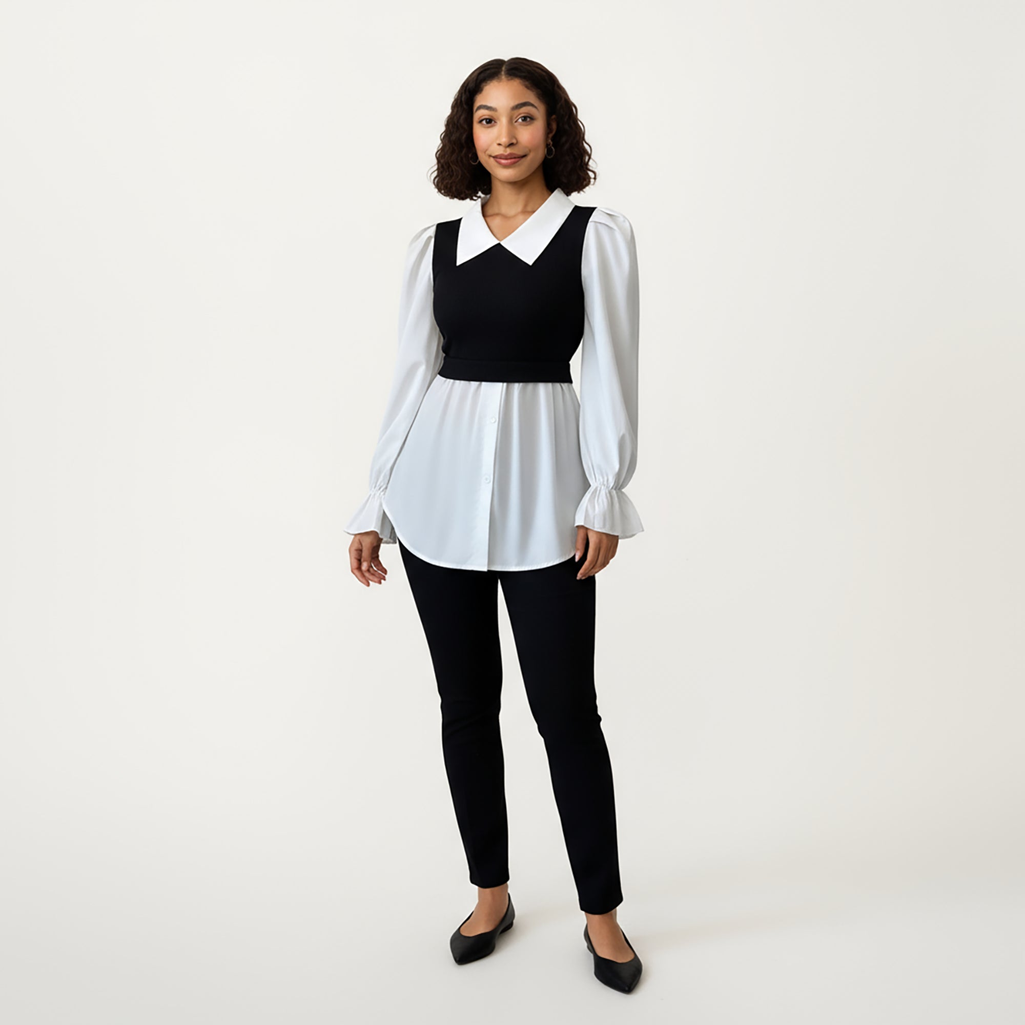 Anna-Kaci Women¡¯s Layered Contrast Blouse with Structured Collar, Fitted Knit Bodice and Flowing Buttoned Hem Design