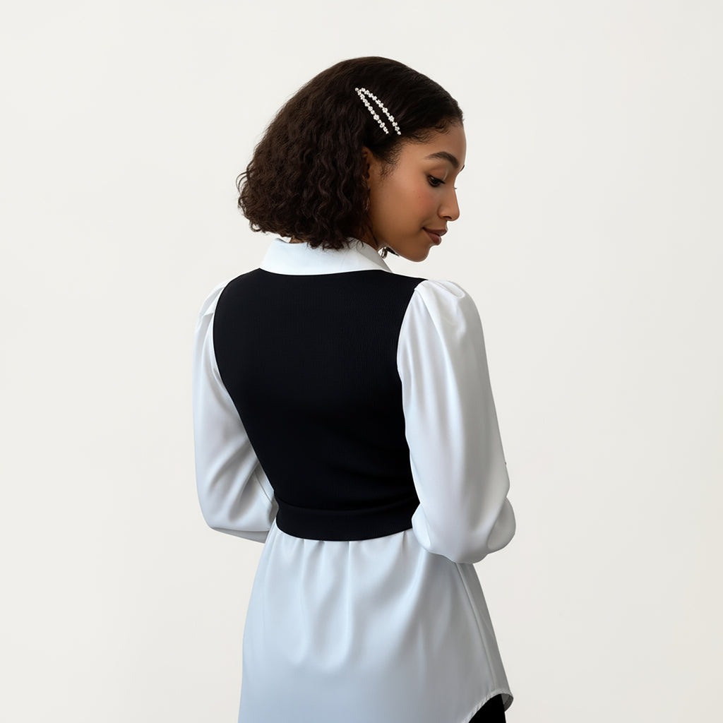 Anna-Kaci Women¡¯s Layered Contrast Blouse with Structured Collar, Fitted Knit Bodice and Flowing Buttoned Hem Design