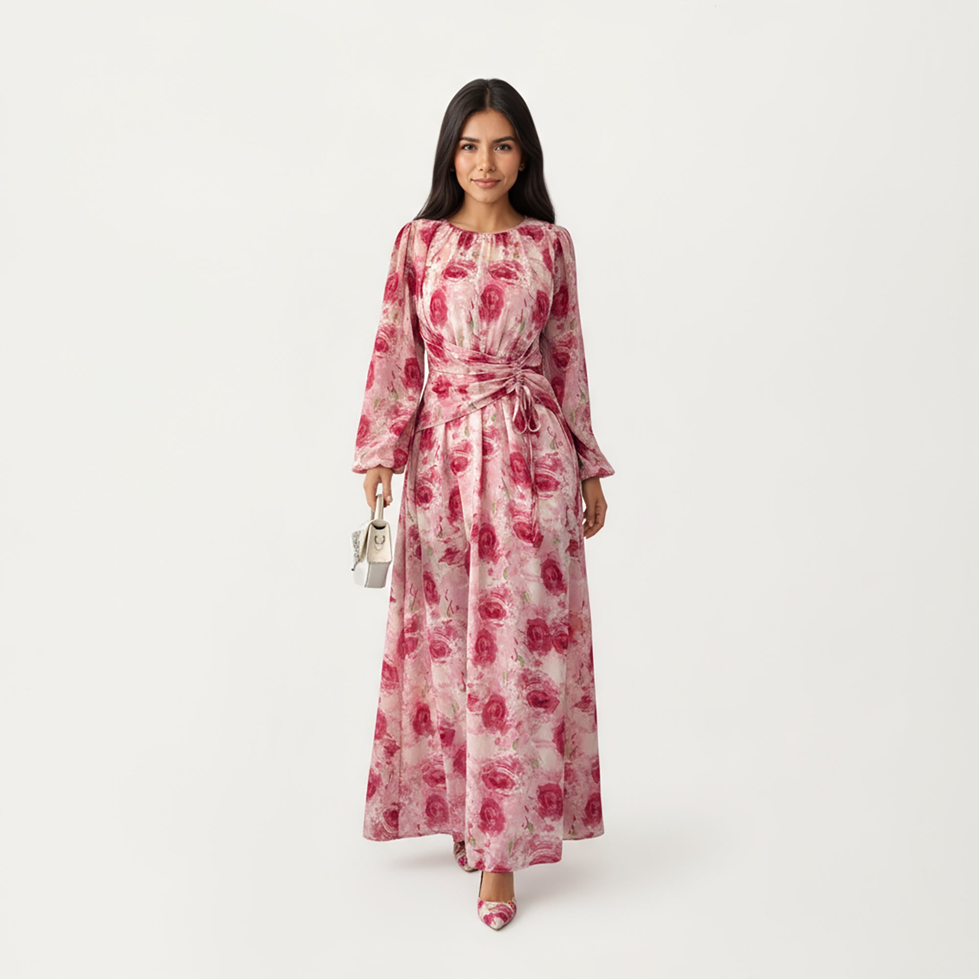 Anna-Kaci Women¡¯s Floral Print Maxi Dress with Ruched Waist Detail, Flowing Long Sleeves and Soft Draped Dress