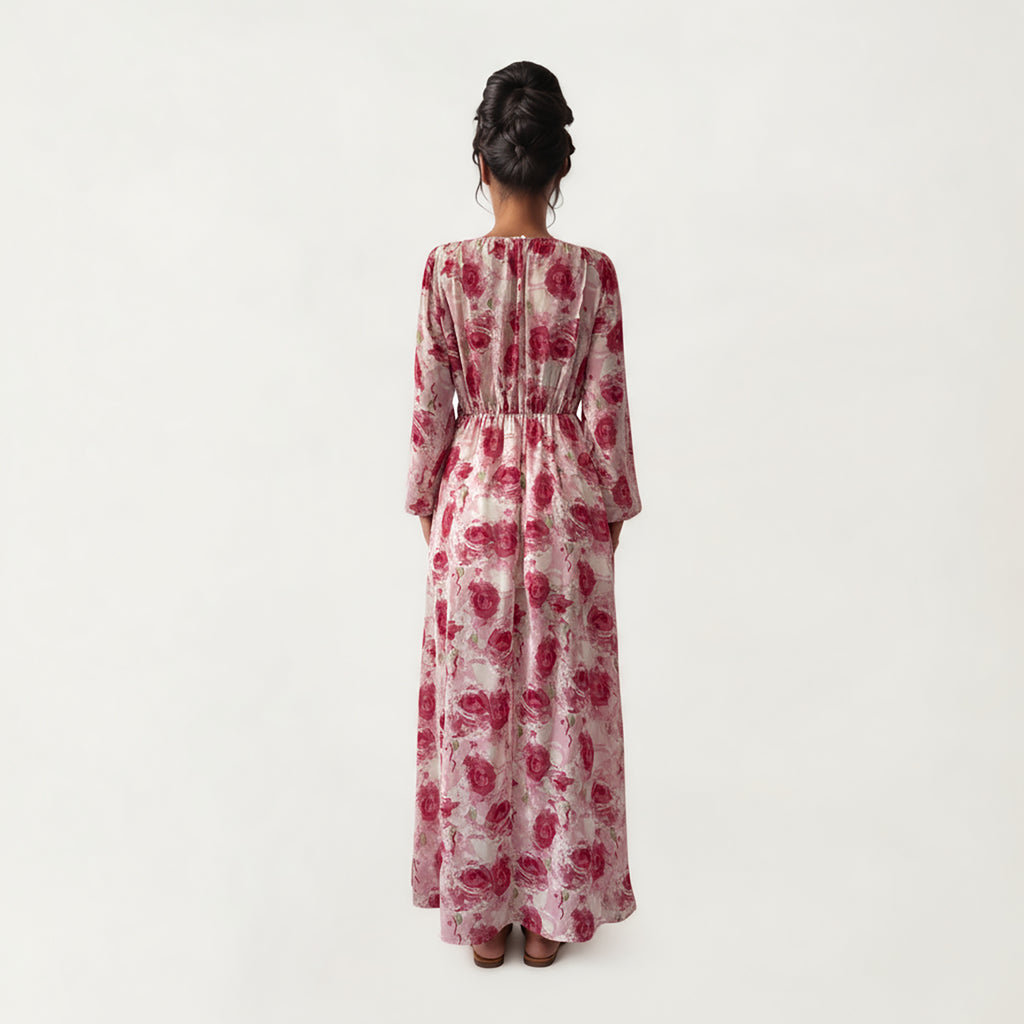Anna-Kaci Women¡¯s Floral Print Maxi Dress with Ruched Waist Detail, Flowing Long Sleeves and Soft Draped Dress