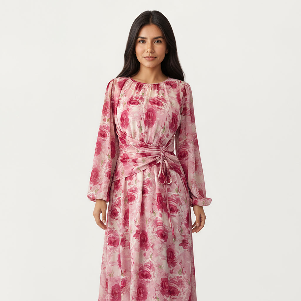 Anna-Kaci Women¡¯s Floral Print Maxi Dress with Ruched Waist Detail, Flowing Long Sleeves and Soft Draped Dress