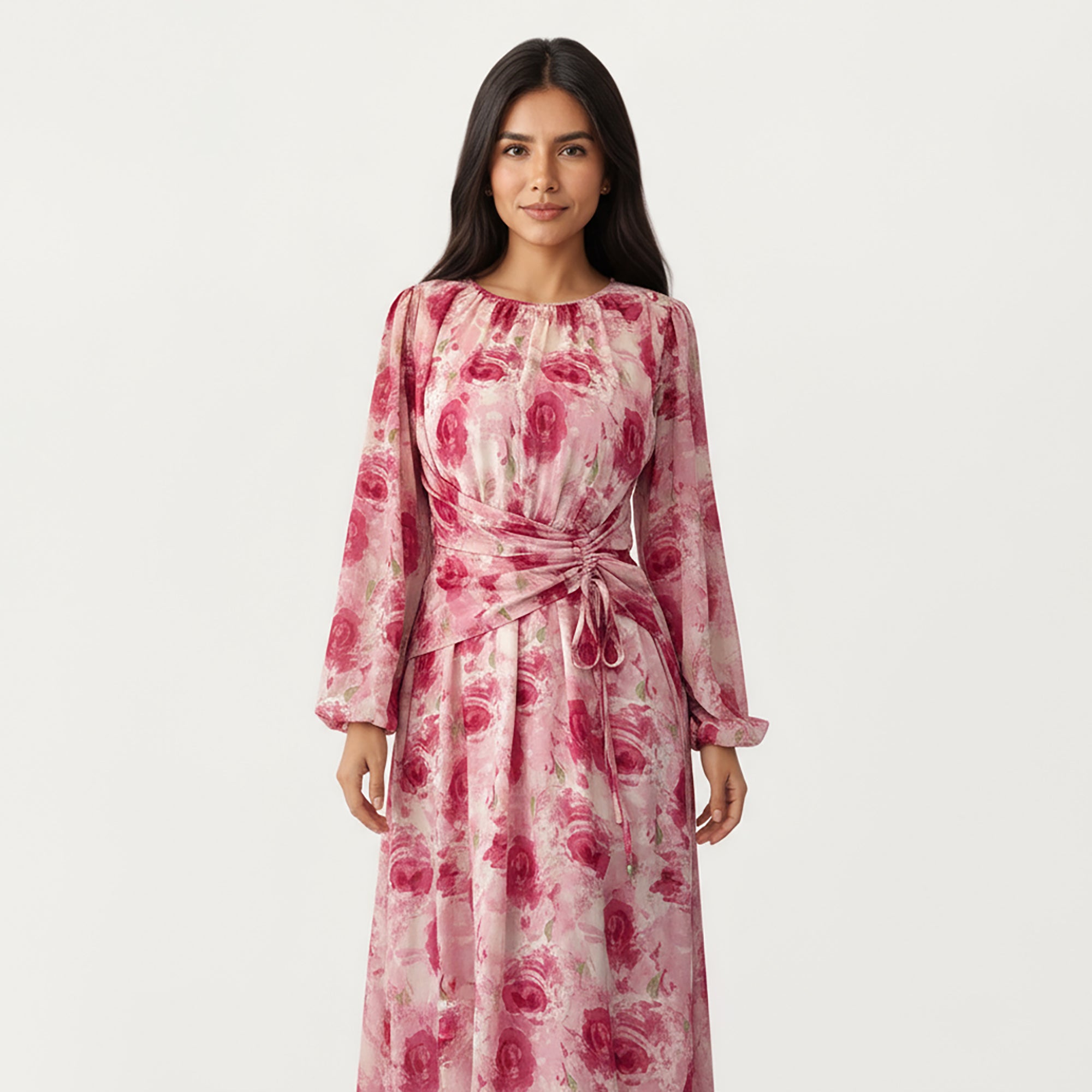 Anna-Kaci Women¡¯s Floral Print Maxi Dress with Ruched Waist Detail, Flowing Long Sleeves and Soft Draped Dress