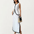 Anna-Kaci Women¡¯s Sleeveless Maxi Dress with Wavy Contrast Trim, Textured Fabric Finish and Side Slit Detail