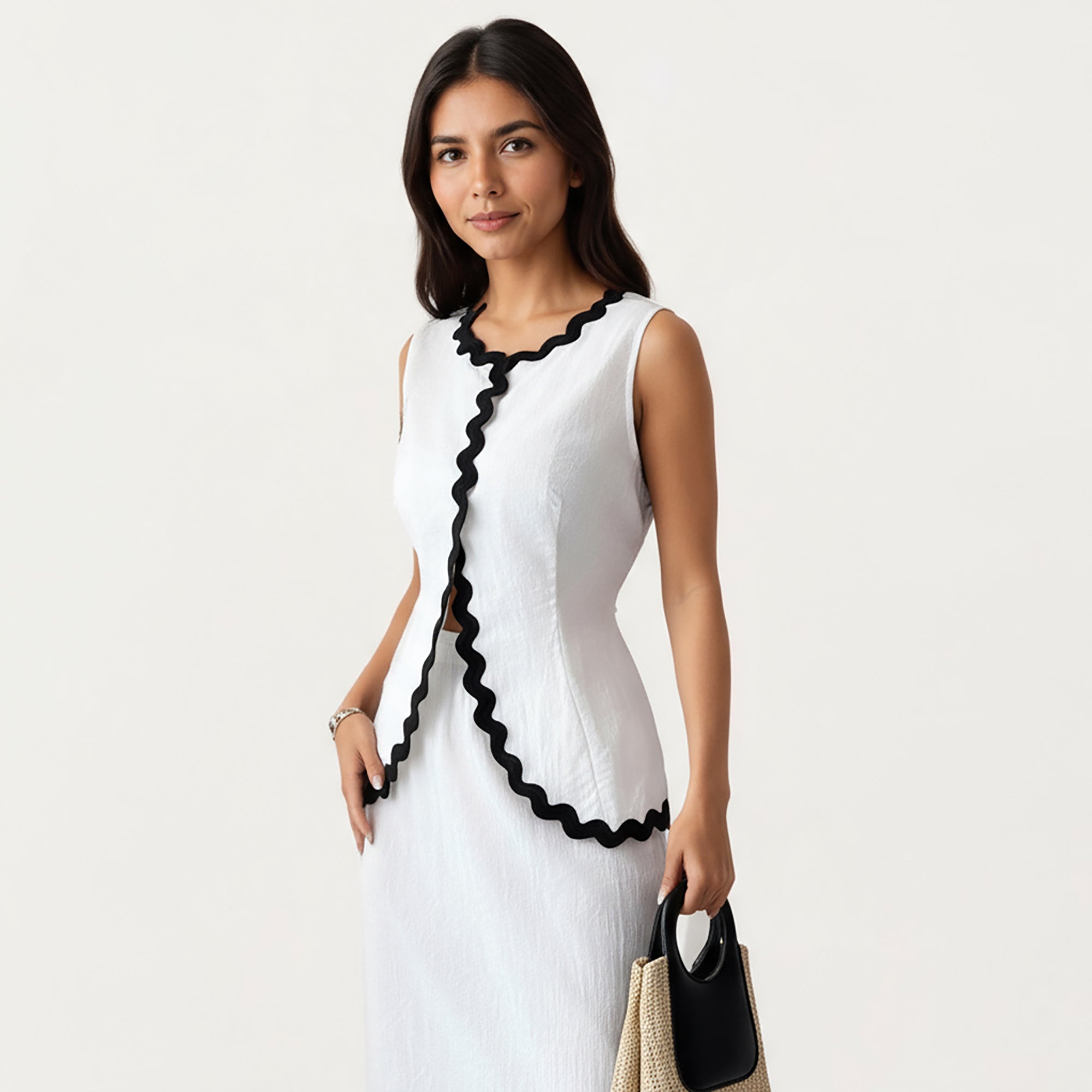 Anna-Kaci Women¡¯s Sleeveless Maxi Dress with Wavy Contrast Trim, Textured Fabric Finish and Side Slit Detail