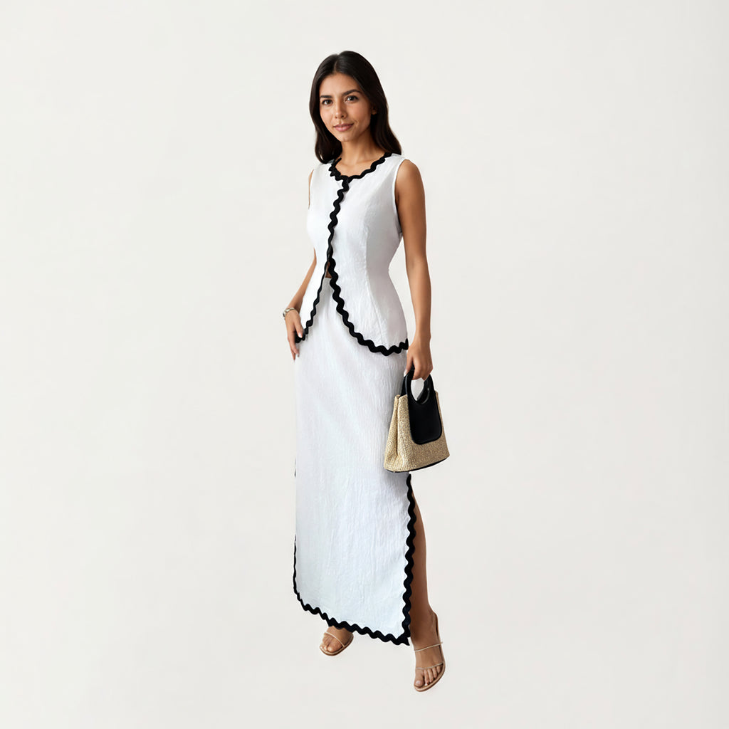 Anna-Kaci Women¡¯s Sleeveless Maxi Dress with Wavy Contrast Trim, Textured Fabric Finish and Side Slit Detail