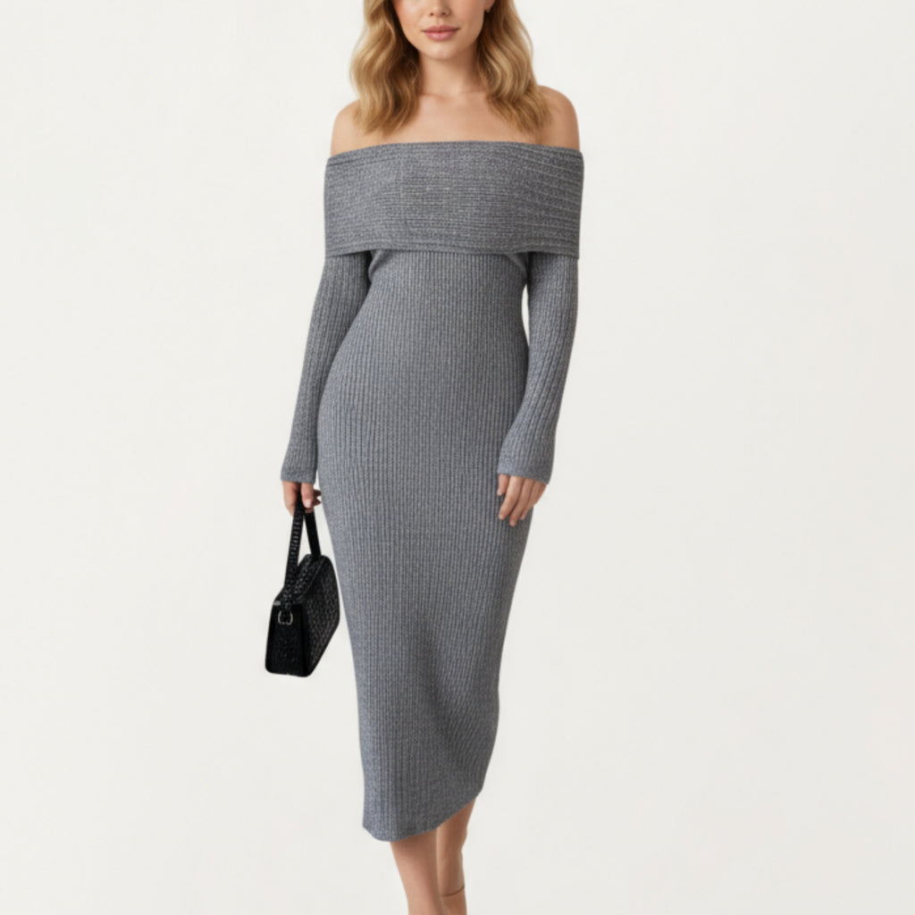 Anna-Kaci Women¡¯s Off-Shoulder Ribbed Knit Midi Dress with Foldover Neckline and Sleek Fitted Silhouette