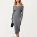 Anna-Kaci Women¡¯s Off-Shoulder Ribbed Knit Midi Dress with Foldover Neckline and Sleek Fitted Silhouette