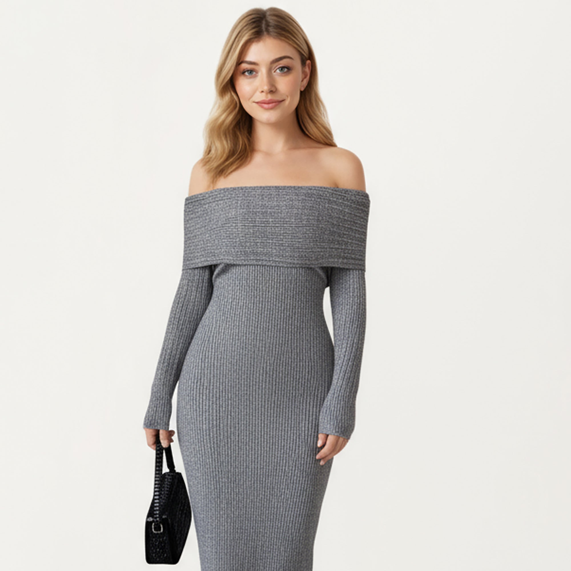 Anna-Kaci Women¡¯s Off-Shoulder Ribbed Knit Midi Dress with Foldover Neckline and Sleek Fitted Silhouette