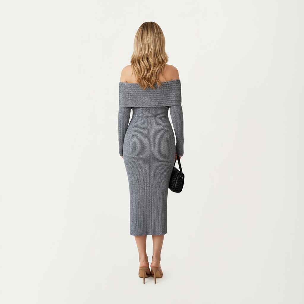 Anna-Kaci Women¡¯s Off-Shoulder Ribbed Knit Midi Dress with Foldover Neckline and Sleek Fitted Silhouette