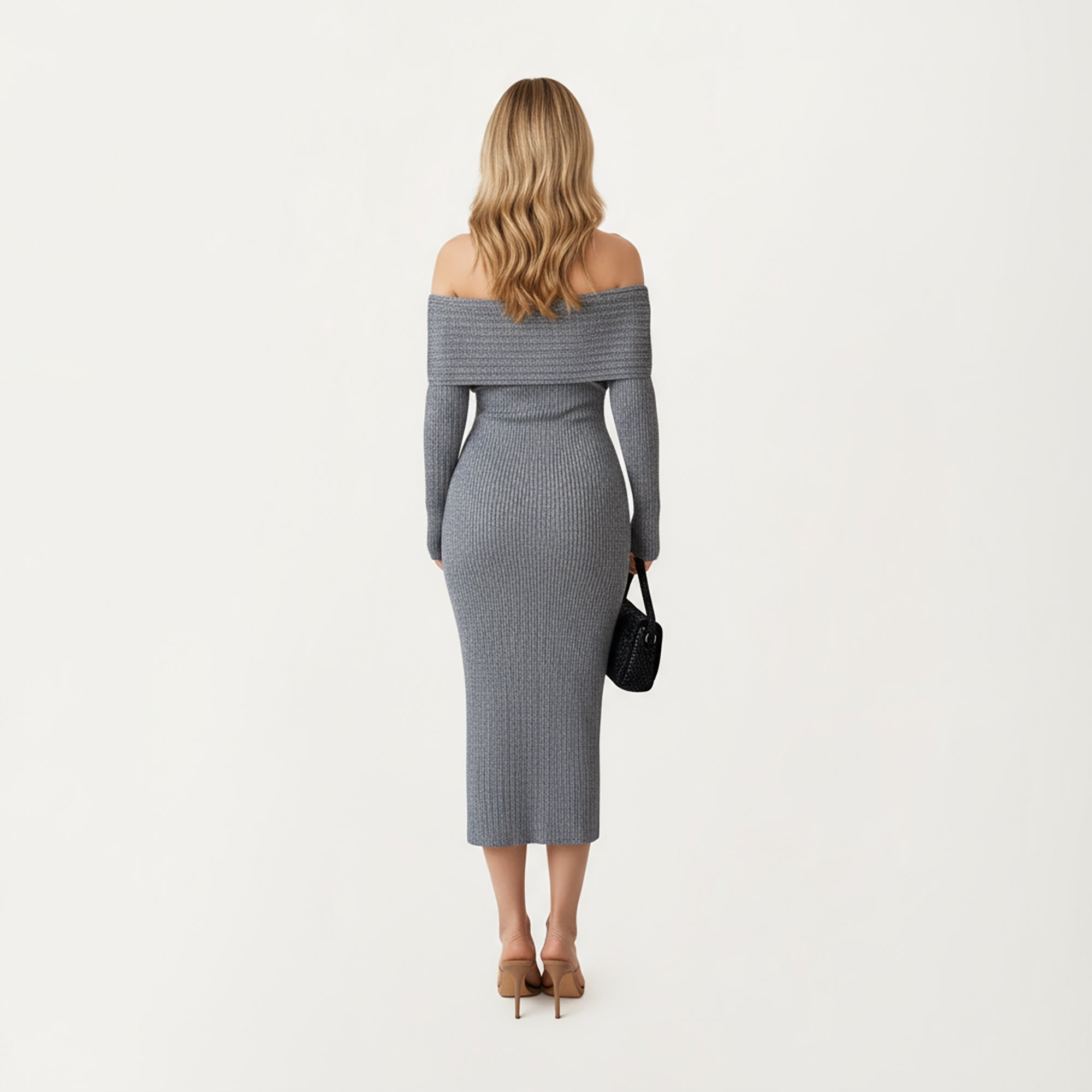 Anna-Kaci Women¡¯s Off-Shoulder Ribbed Knit Midi Dress with Foldover Neckline and Sleek Fitted Silhouette