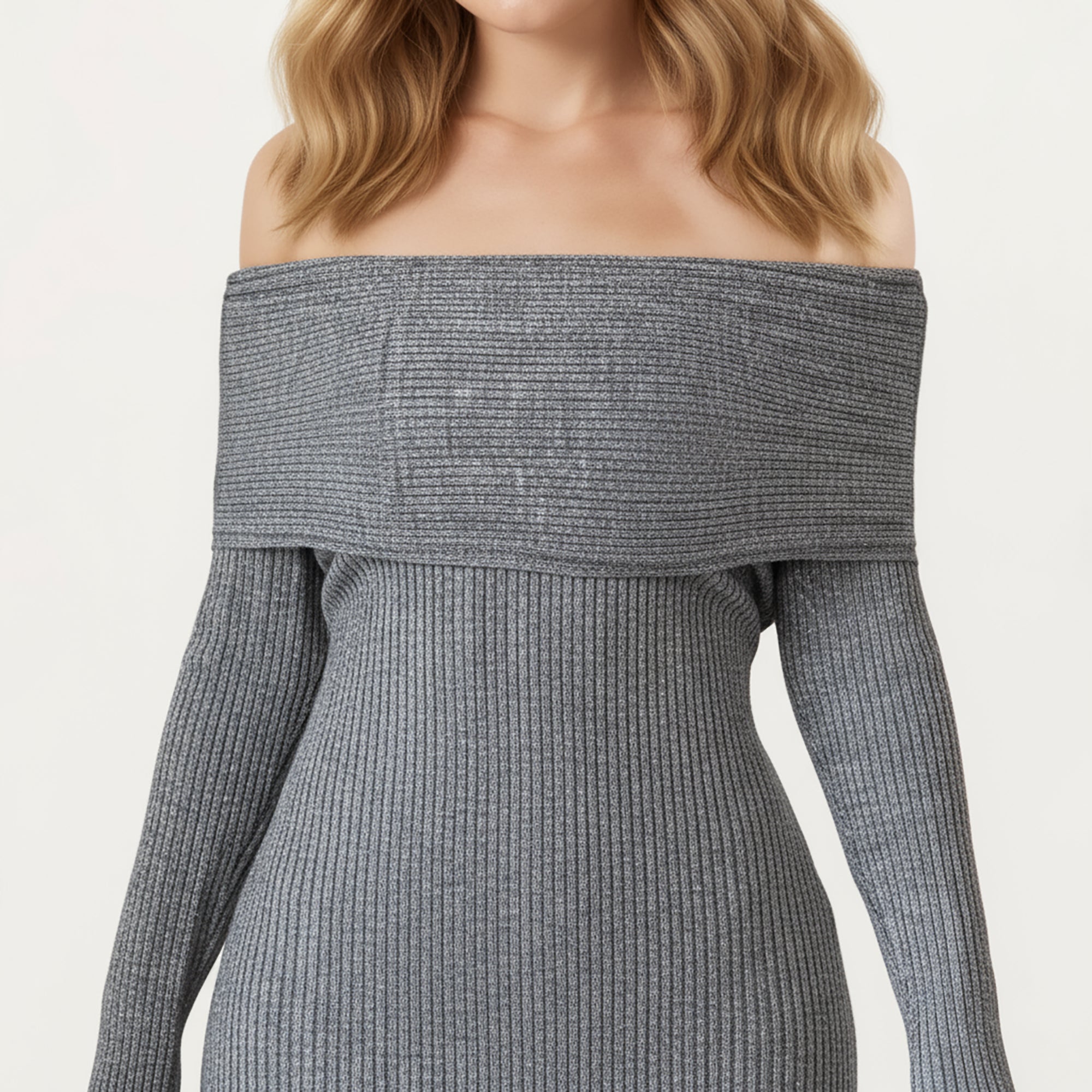 Anna-Kaci Women¡¯s Off-Shoulder Ribbed Knit Midi Dress with Foldover Neckline and Sleek Fitted Silhouette